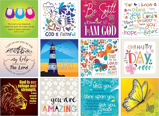 Christian notelets with envelopes - 12 Christian Cards, with Bible quotes or encouraging words on the front. Blank inside for your own message. Cards 11x11cm in size, by Just Cards Direct