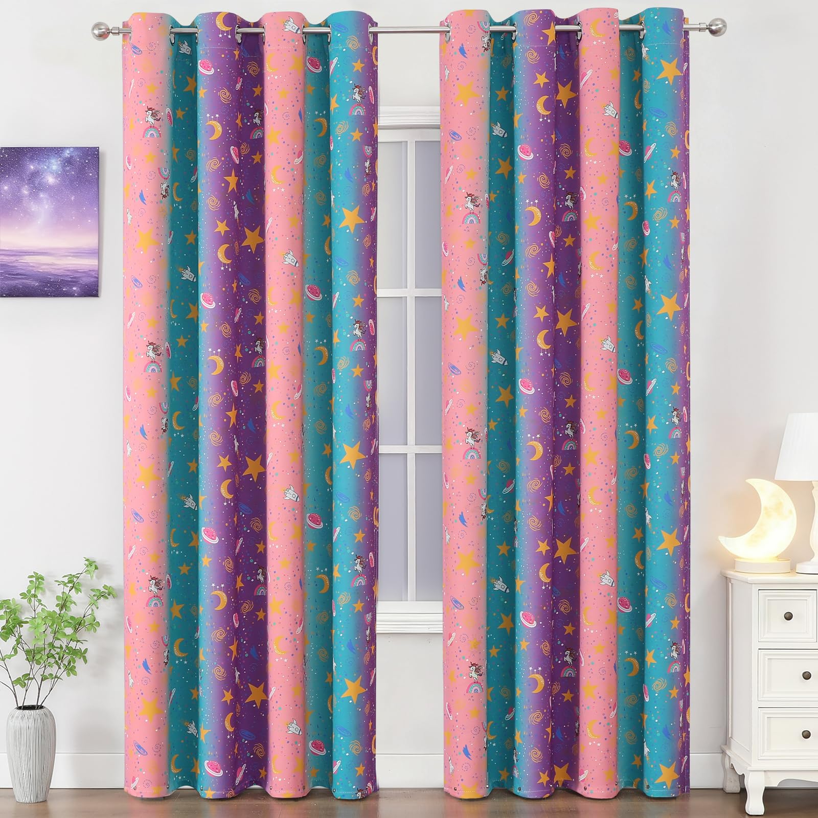 VEHEDE Kids Star Moon Prints Blackout Curtains for Girls Bedroom Rainbow Magical Unicorn Thermal Insulated Eyelet Curtain Window Drapes for Nursery 52 x L90 Inch