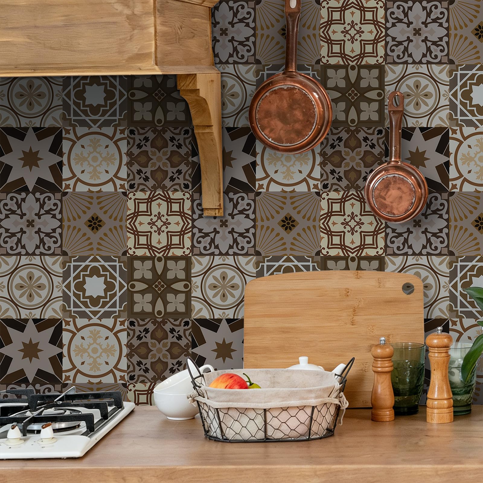 50pcs Brown Moroccan Tile Stickers Stick on Tiles for Kitchen Bathroom — image 1