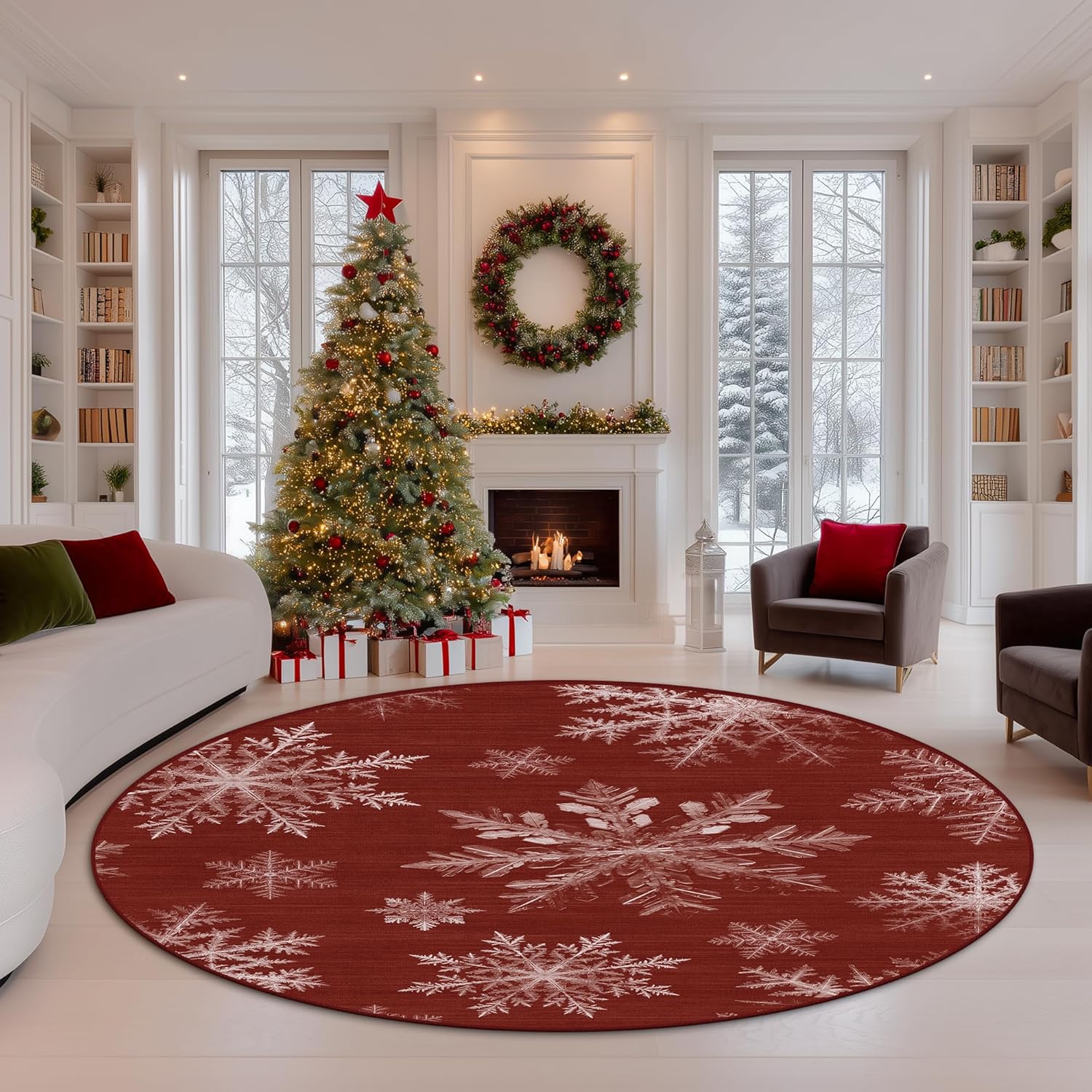 FMFUNCTEX 8ft Round Christmas Area Rug Red Snowflake Washable Winter Xmas Large Non Slip Carpet for Living Room Bedroom Soft Low Pile Indoor Holiday Throw Rug for Dining Room Kitchen Office Nursery
