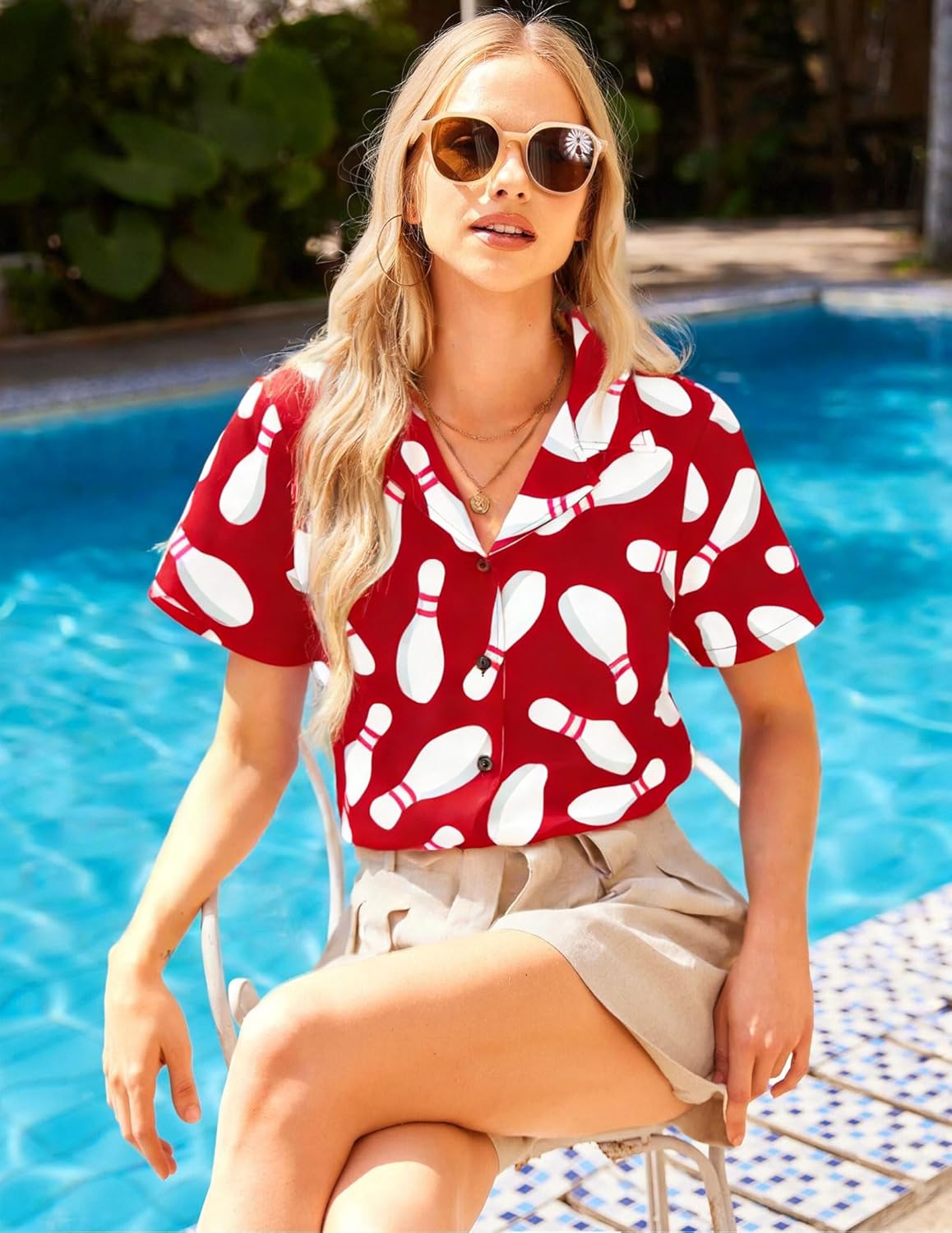 Bowling Shirts for Women Hawaiian Bowler Short Sleeve Button Up Shirt Casual Beach Summer Tee - Image 2