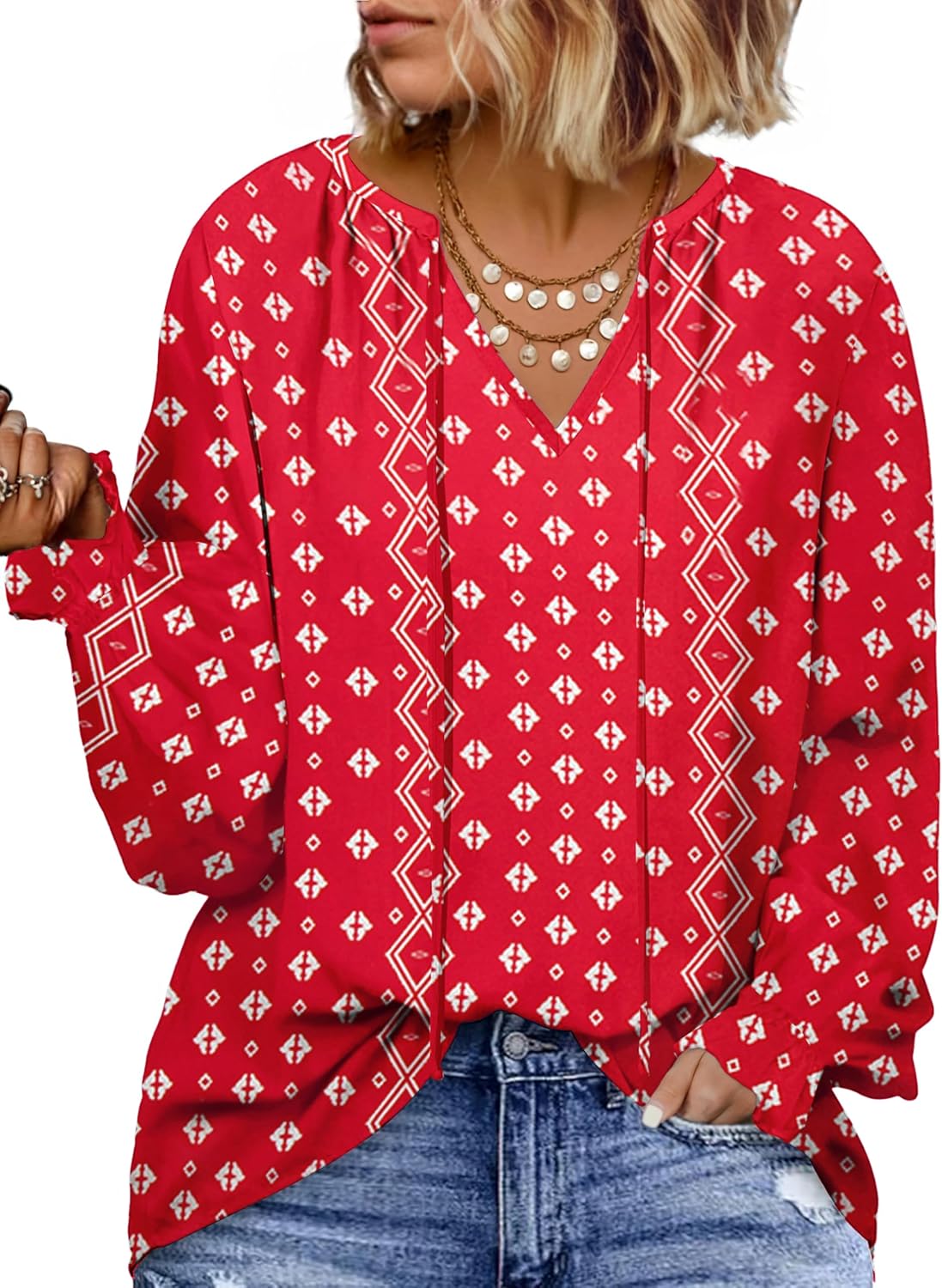 Eytino Plus Size Tops for Women V Neck Long Sleeve Drawstring Floral Boho Print Blouse Shirts Vacation Outfits(1X-5X)