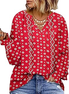 Eytino Plus Size Tops for Women V Neck Long Sleeve Drawstring Floral Boho Print Blouse Shirts Vacation Outfits(1X-5X)