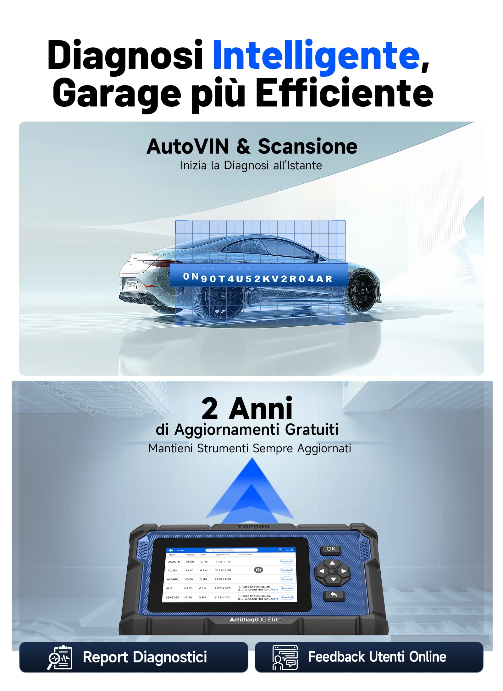 TOPDON ArtiDiag600 Elite OBD2 Auto Diagnostica Italiano, Sistema Completo, 13 Servizi di Reset, Diagnostica Auto con CAN-FD, FCA/SGW, 2 Anni di Aggiornamenti Gratuiti