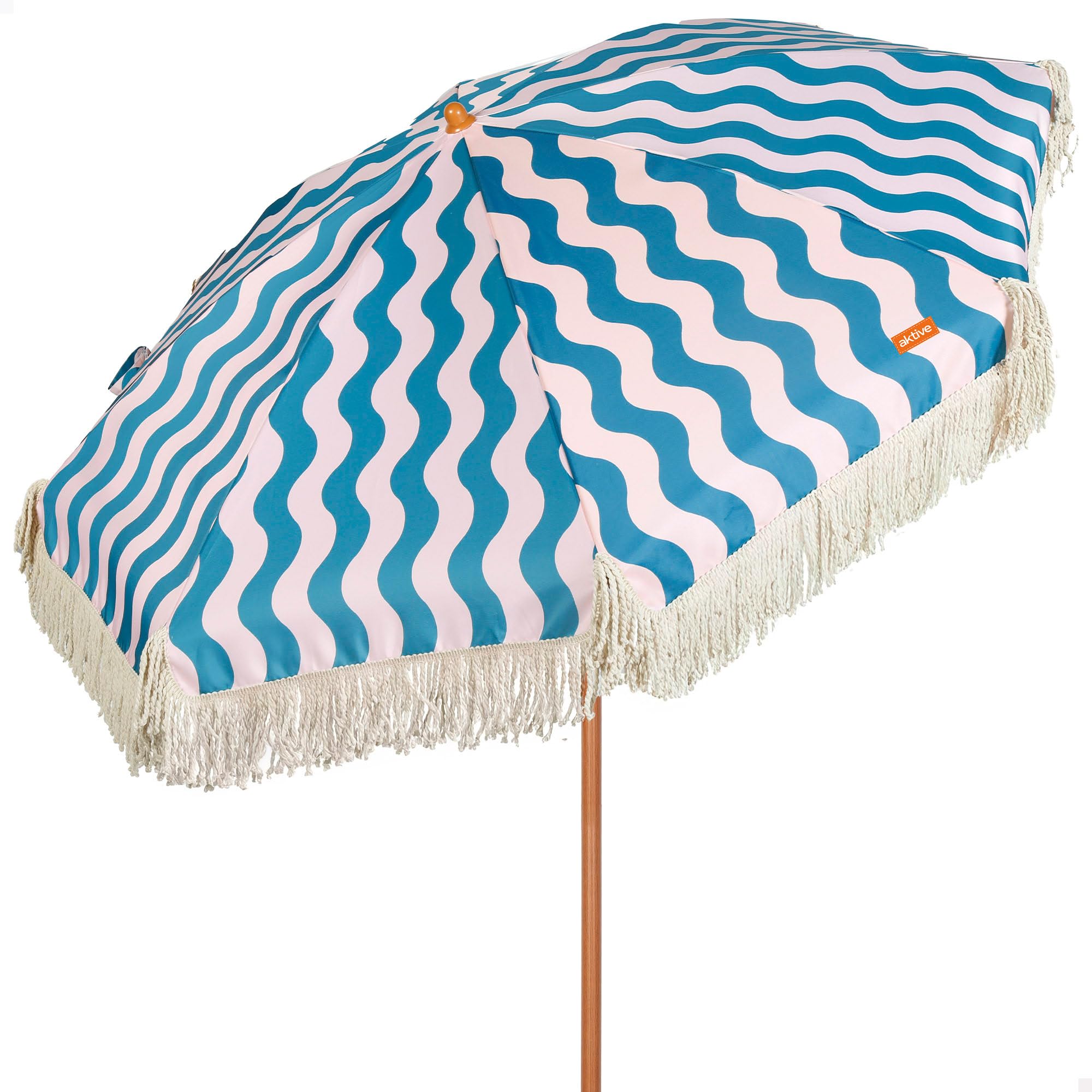 AKTIVE Parasol de plage, diamètre 200 cm, style rétro avec franges, 8 baleines, protection UV50, polyester, mât en acier effet bois 28/32 mm, housse de transport avec bandoulière incluse (62479)