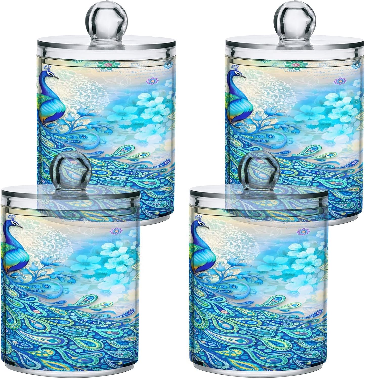 MNSRUU 4 Pack Qtip Holder Dispenser Peacock Bathroom Storage Canister Cotton Ball Holder Bathroom Containers for Cotton Swabs/Pads/Floss