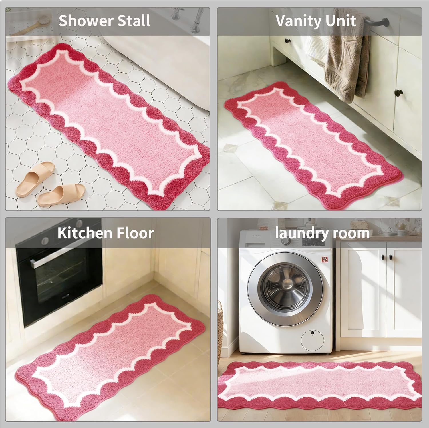 Cute Scalloped Rose Pink Bathroom Rugs Mat,Non Slip Absorbent Quick Dry Bath Mats for Shower Room,Microfiber Bath Mats for Bathroom Floor Washable Carpet for Shower Tub Sink Bedroom,17"x47"