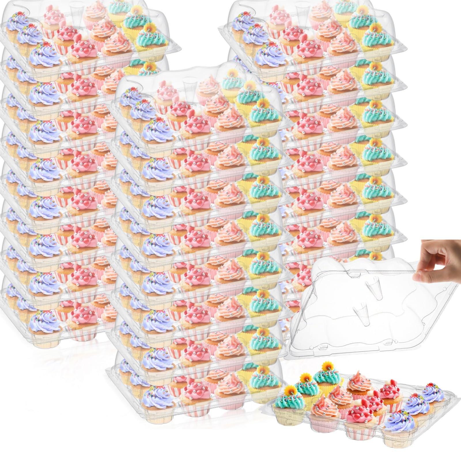 24 Pack Mini Cupcake Containers, 12-Count Plastic Cupcake Carrier, Stackable Cupcake Box with Detachable Secure High Top Lid, Disposable Cupcake Holder Tray, Muffin Packaging Transporter To Go