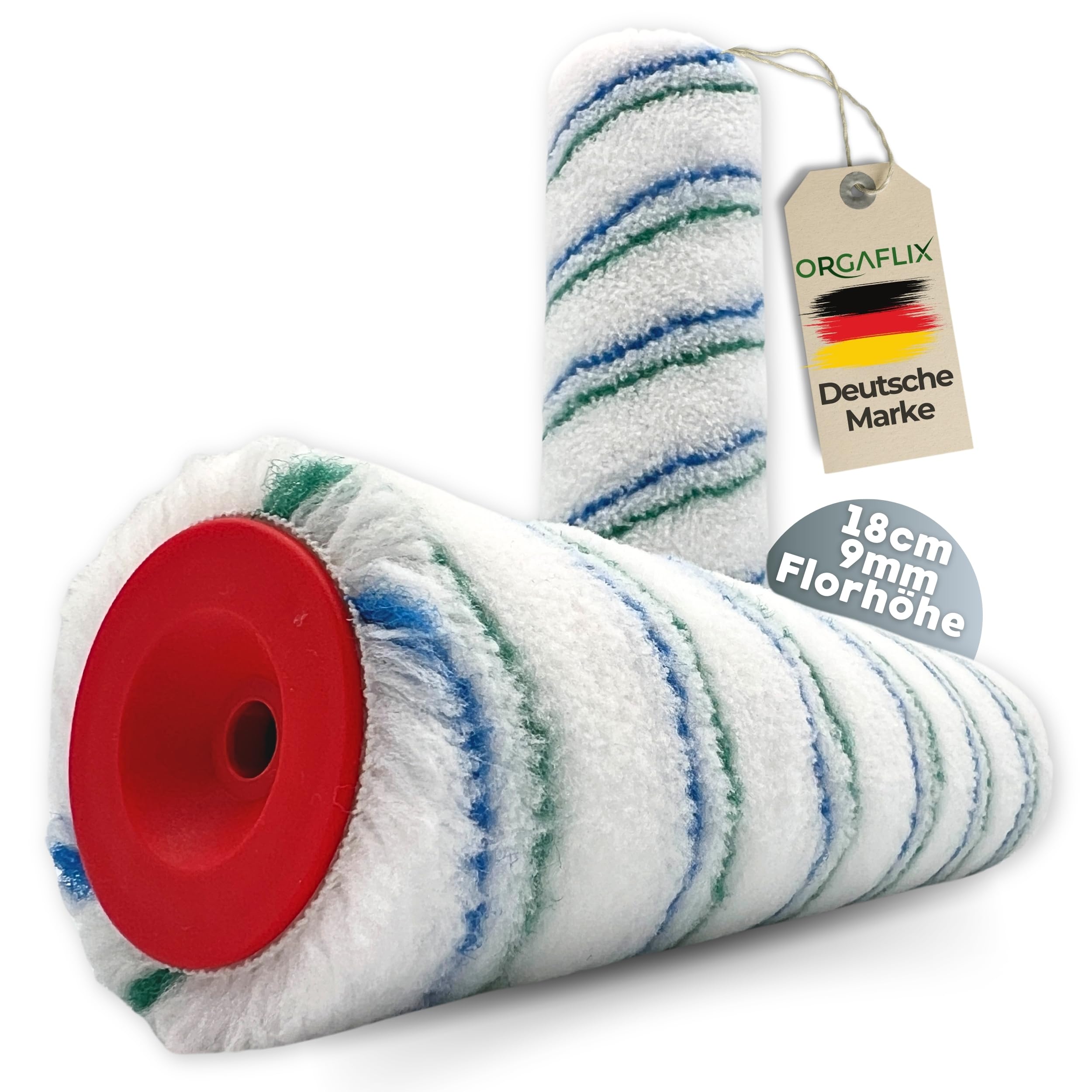 ORGAFLIX Profi Farbwalze 18cm - 2 Stück - Ideale Farbaufnahme und Abgabe - Florhöhe ca. 9mm, Kern 48mm, Farbroller Wandfarbe, Malerrolle groß, Farbrolle, Malerwalze, Maler-Zubehör, Maler-Set