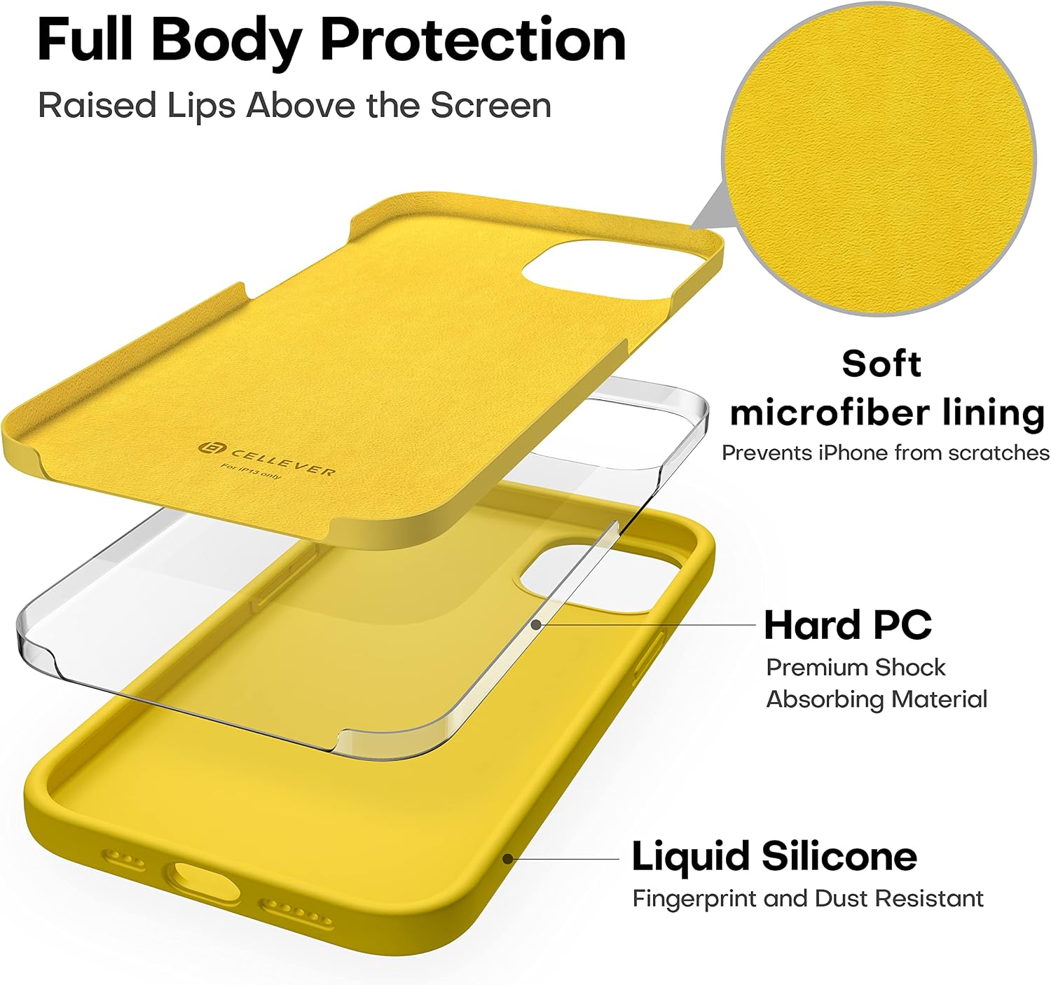 CellEver Ultra Durable Silicone Case for iPhone 13, Military Grade Protection [3 Layers & Double Coated] [Slim Fit] Shockproof Lightweight Cover with Soft Microfiber Interior (6.1 inch, Yellow)