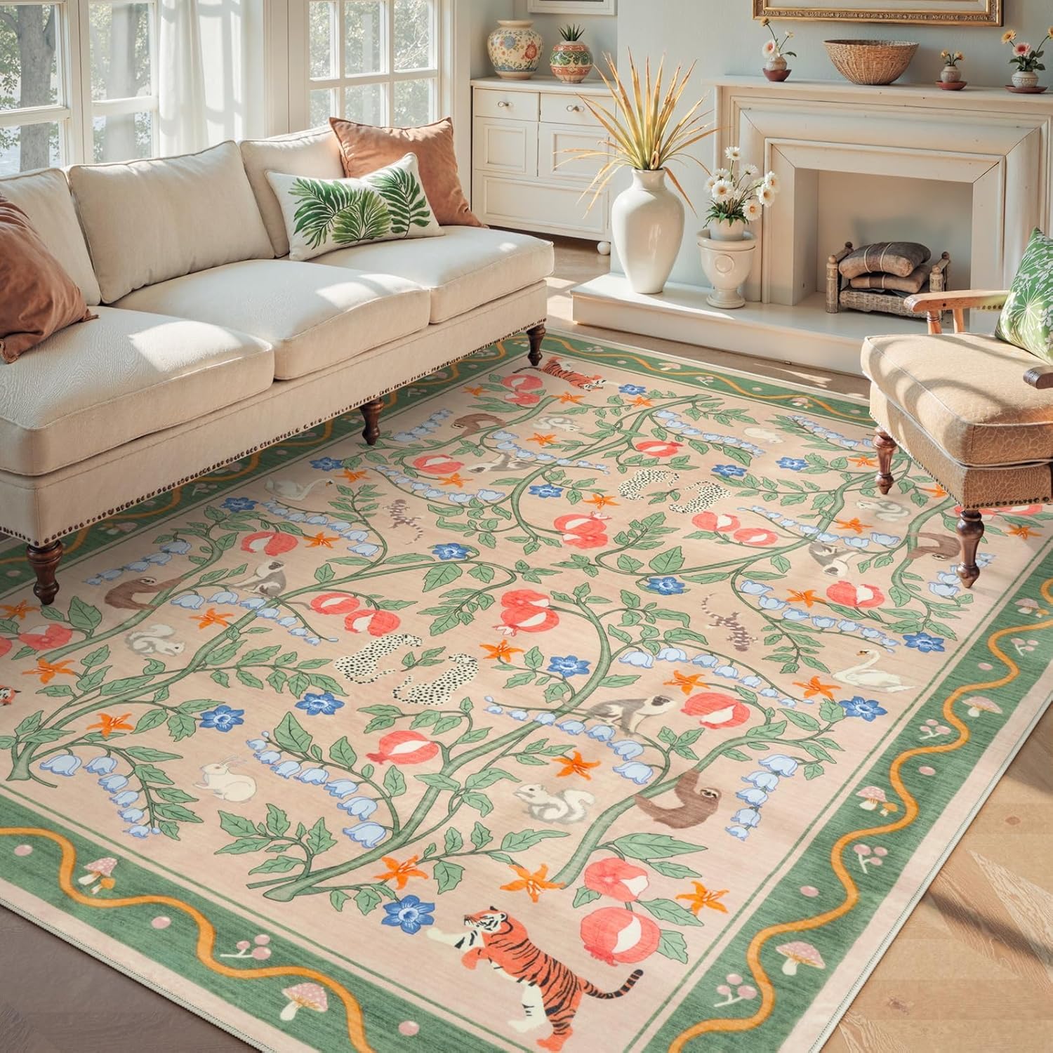 OJIA Washable Rugs 8x10, Soft Floral 8x10 Area Rugs for Living Room, Animal Non-Slip Bedroom Rug Ultra-Thin Boho Large Carpet for Nursery Dining Room Office Kids Playroom, Green
