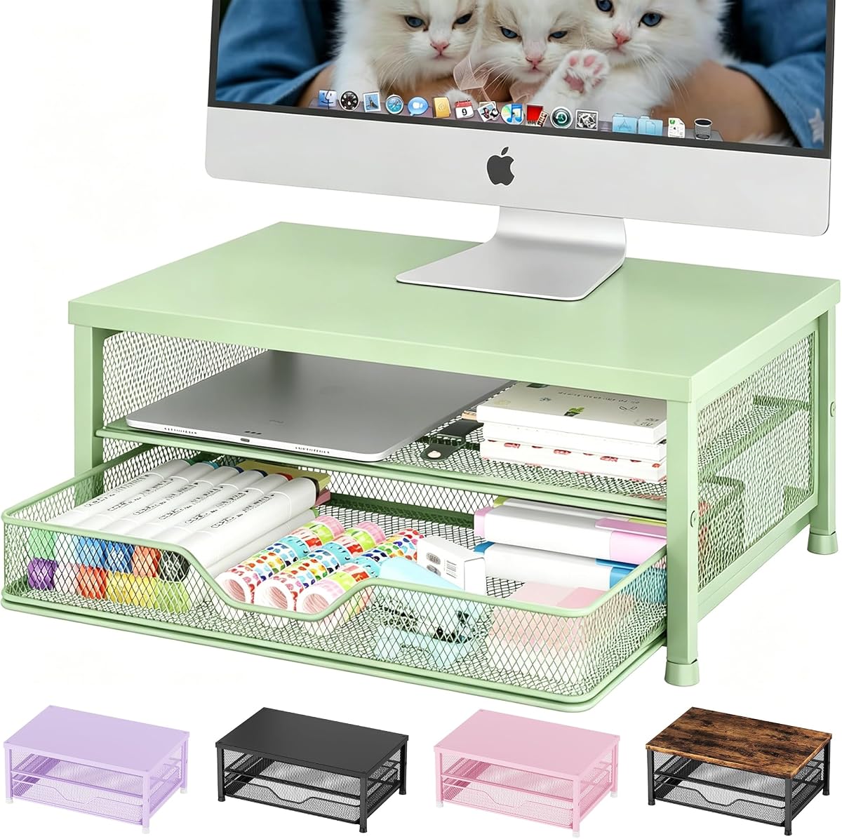 Soporte elevador para monitor de computadora, organizador de escritorio con cajón, soporte para impresora y computadora portátil, accesorios de escritorio de oficina y organizadores de escritorio para espacio de trabajo, almacenamiento para suministros de oficina (verde)