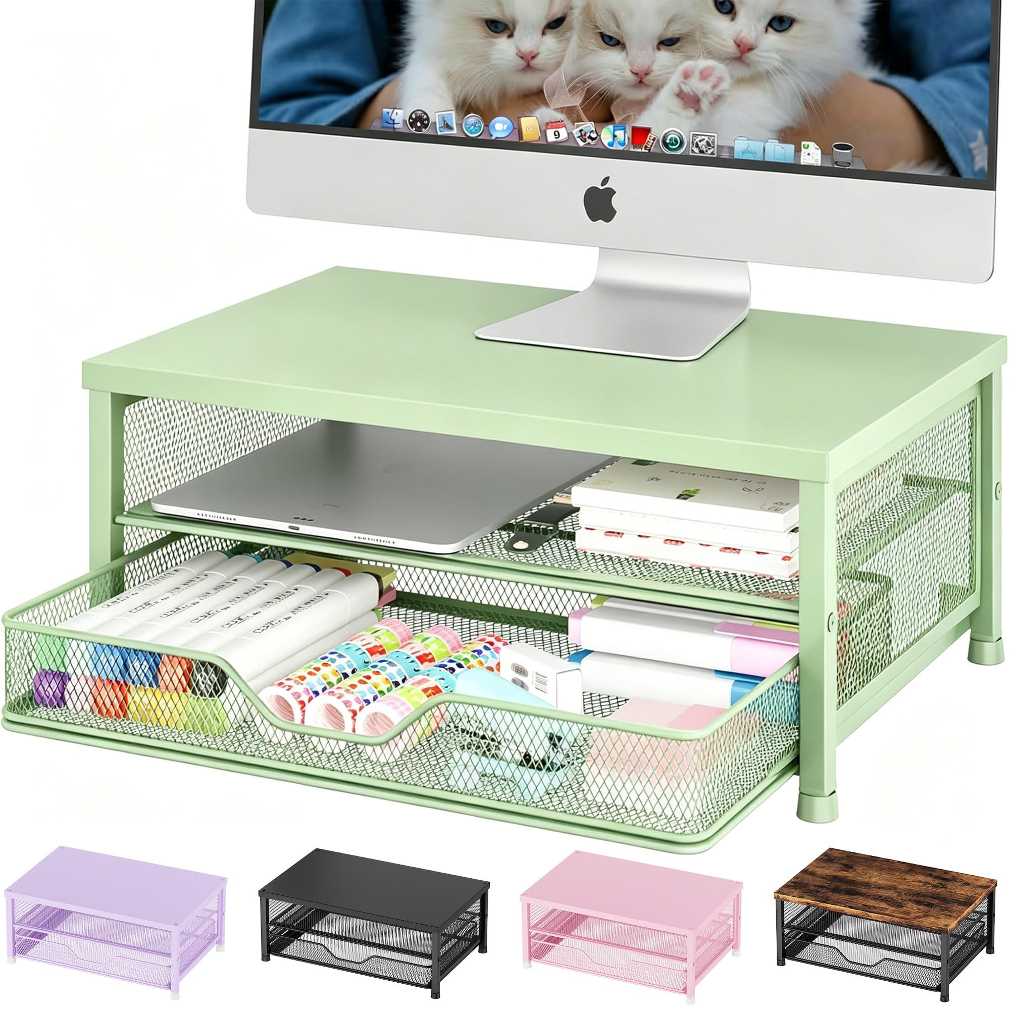 OPNICE Computer-Monitorständer, Schreibtisch-Organizer mit Schublade, Drucker- und Laptop-Ständer, Büro-Schreibtischzubehör und Arbeitsplatz, Schreibtisch-Organizer, Aufbewahrung für Bürobedarf (grün)