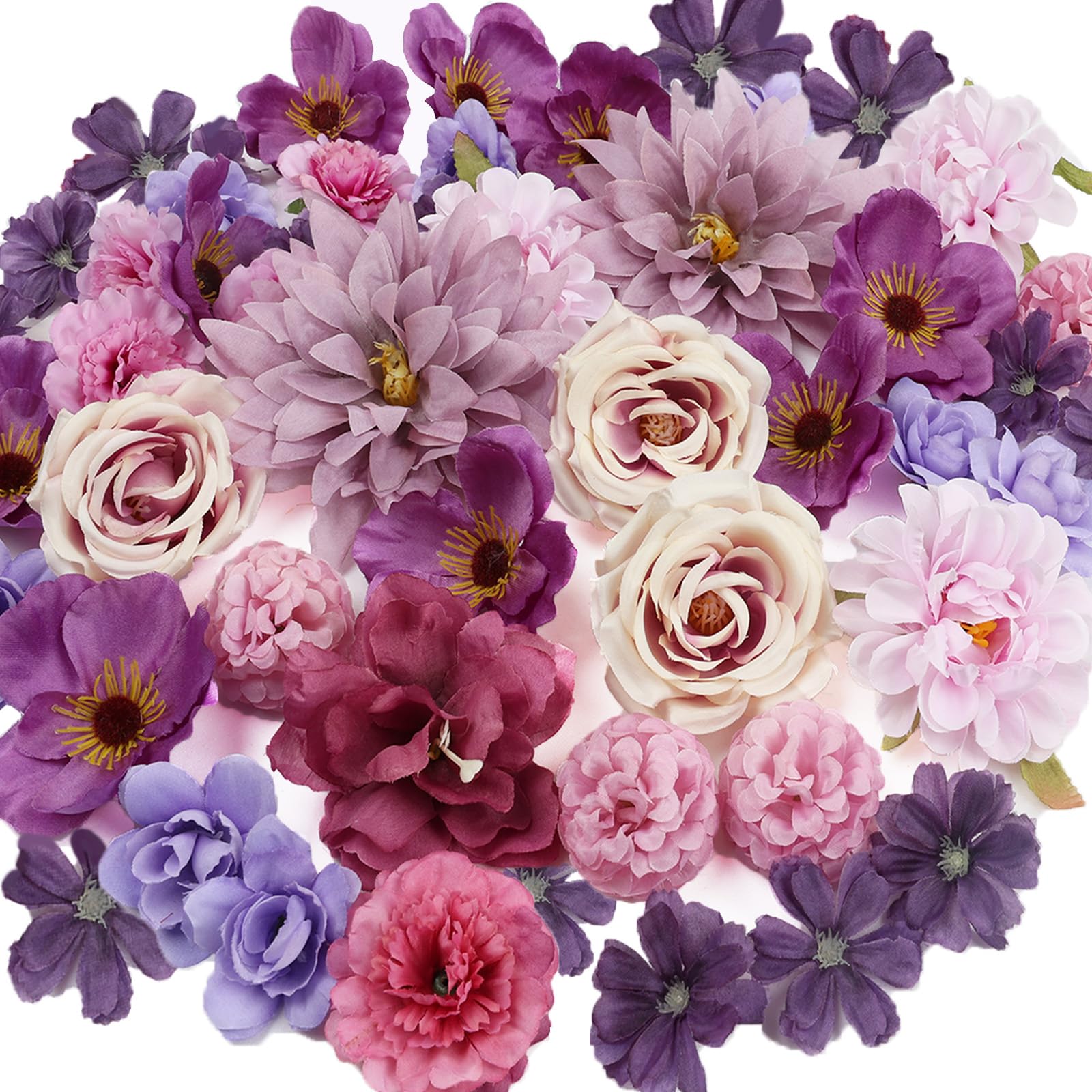 Photo 1 of Nagobi 56 PCS Fake Flowers Heads for Craft, Artificial Purple Silk Flower Heads Bulk Faux Mini Flowers for Graduation Cap, Cake Topper, DIY Wreath, Wedding Bridal Party Home Decoration