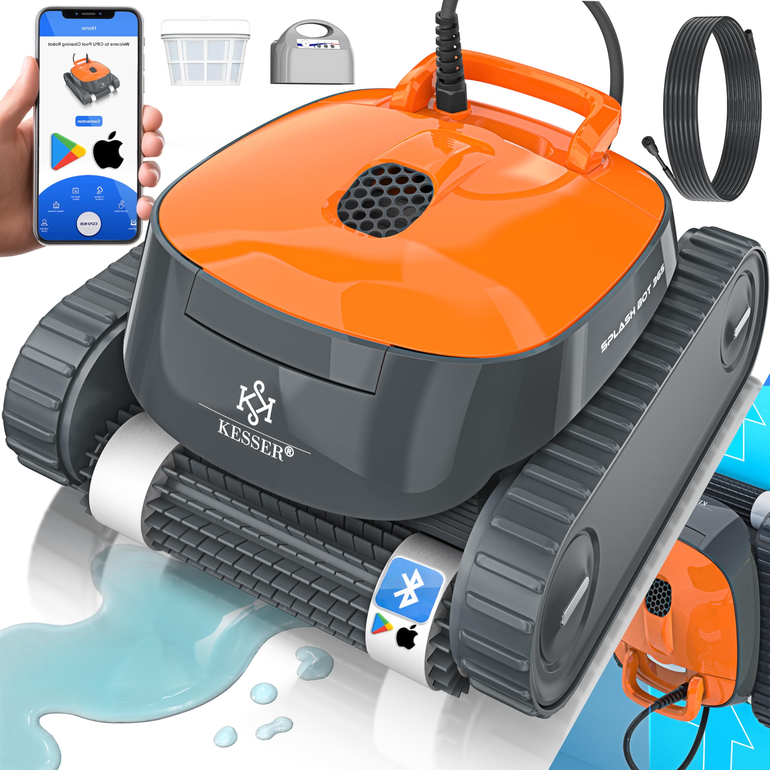 KESSER Robot de piscine pour sol et mur jusqu'à 100 m², nettoyage de ligne d'eau, nettoyeur automatique de piscine avec fonction application et module de commande, aspirateur pour piscine encastrée