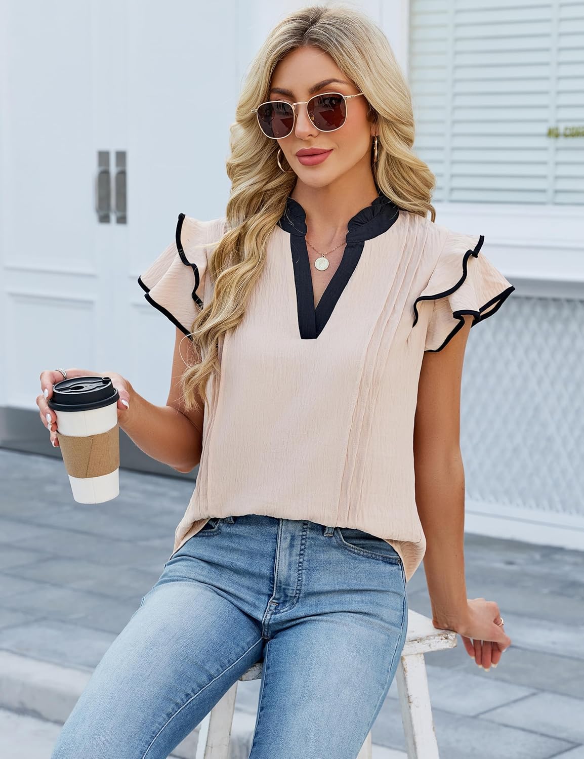 Blooming Jelly Womens Dressy Casual Tops Ruffle Short Sleeve V Neck Shirts Elegant Business Work Blouse - Image 4