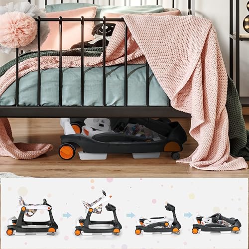 Miniatura 8 de HONEY JOY Caminador de bebé juguete plegable de aprendizaje con ruedas altura ajustable asiento acolchado de respaldo alto música luces espejos