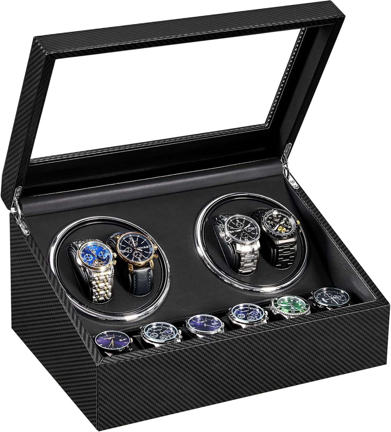 ANWBROAD Watch Winders for Automatic Watches, Automatic Watch Winder with 4 Watches Rotator and 6 Extra Storages, 4 Watch Winder with Japanese Quiet Motor, Carbon Fiber Watch Winders,UJWW012C
