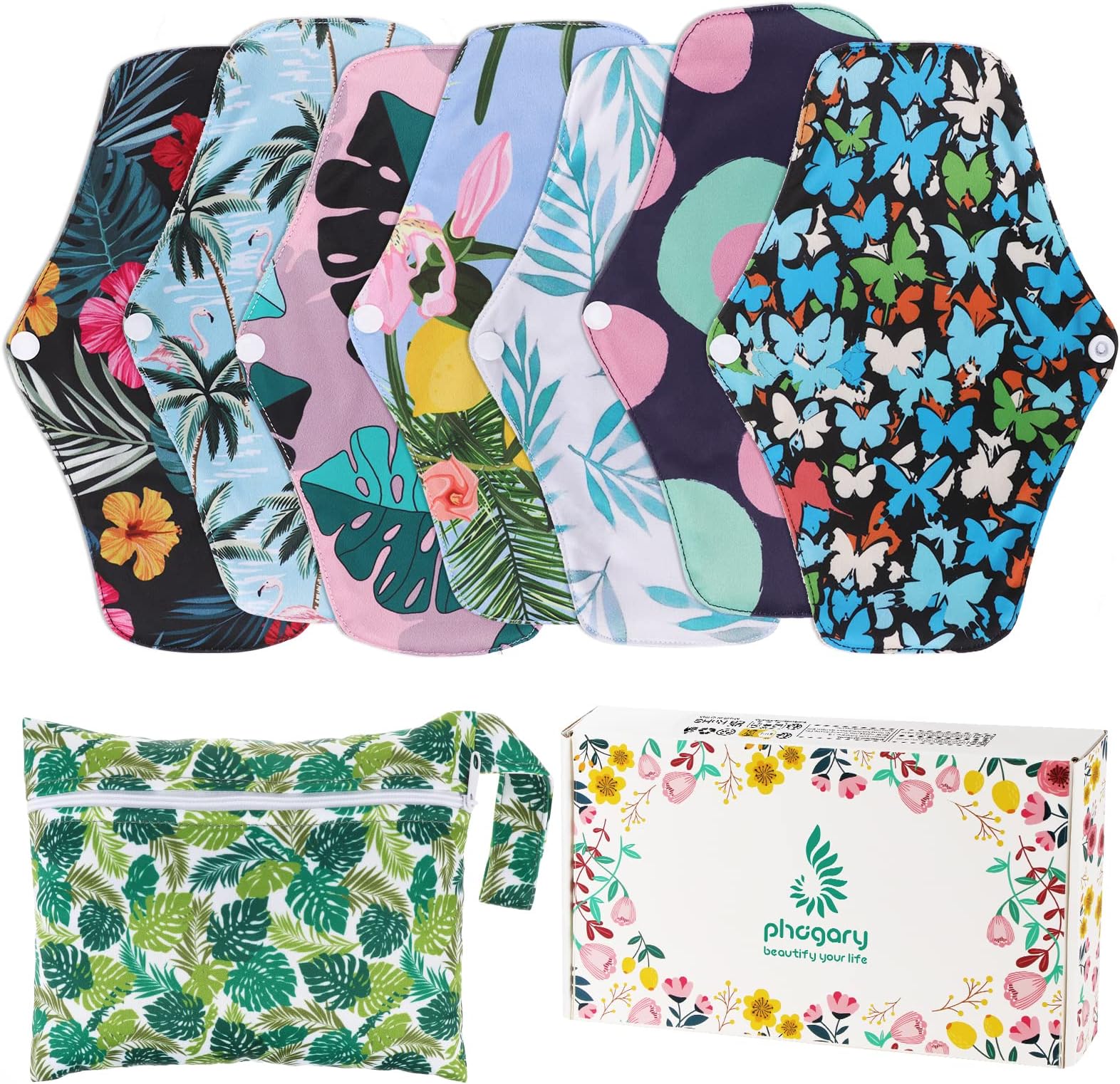 PHOGARY Reusable Menstrual Pads for Heavy Flow with Wet Bag, Sanitary Pads Set with Wings for Women, Washable Overnight Cloth Panty Liners (7 in 1, Style F)