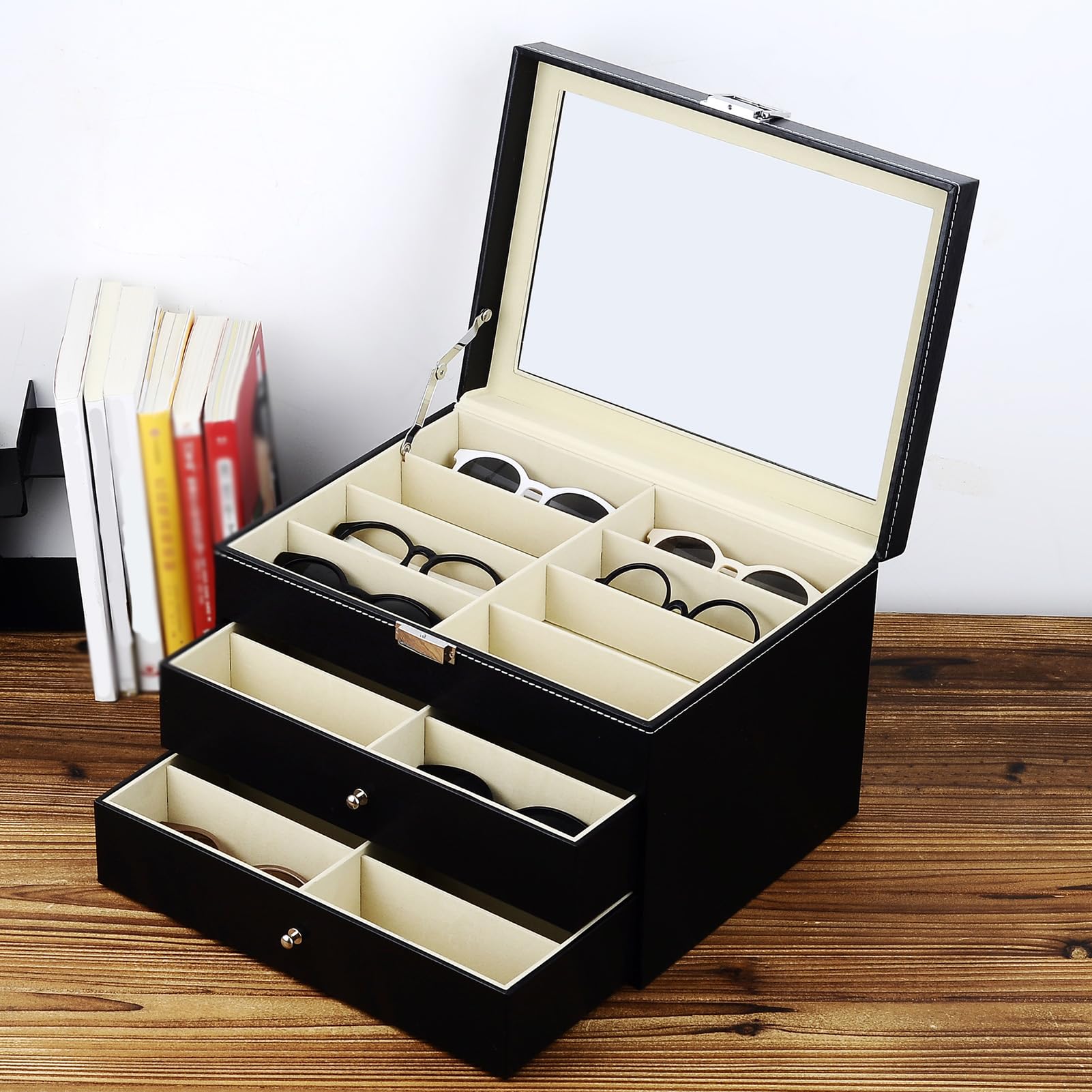 24 Pezzi di Occhiali da Sole Organizzatore di Occhiali Multipli Vetrina per Occhiali a 3 Livelli Scatola di immagazzinaggio Collezione di Cuoio Titolare con cassetto