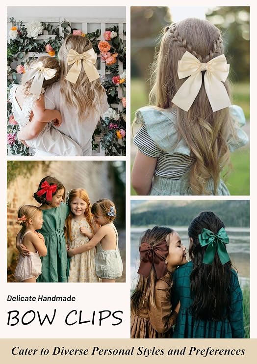 6PCS Silky Satin Hair Bows for Women & Girls Big Bow Hair Clips | Long Tail Ribbon Barrettes, Neutral Aesthetic Hair Accessories