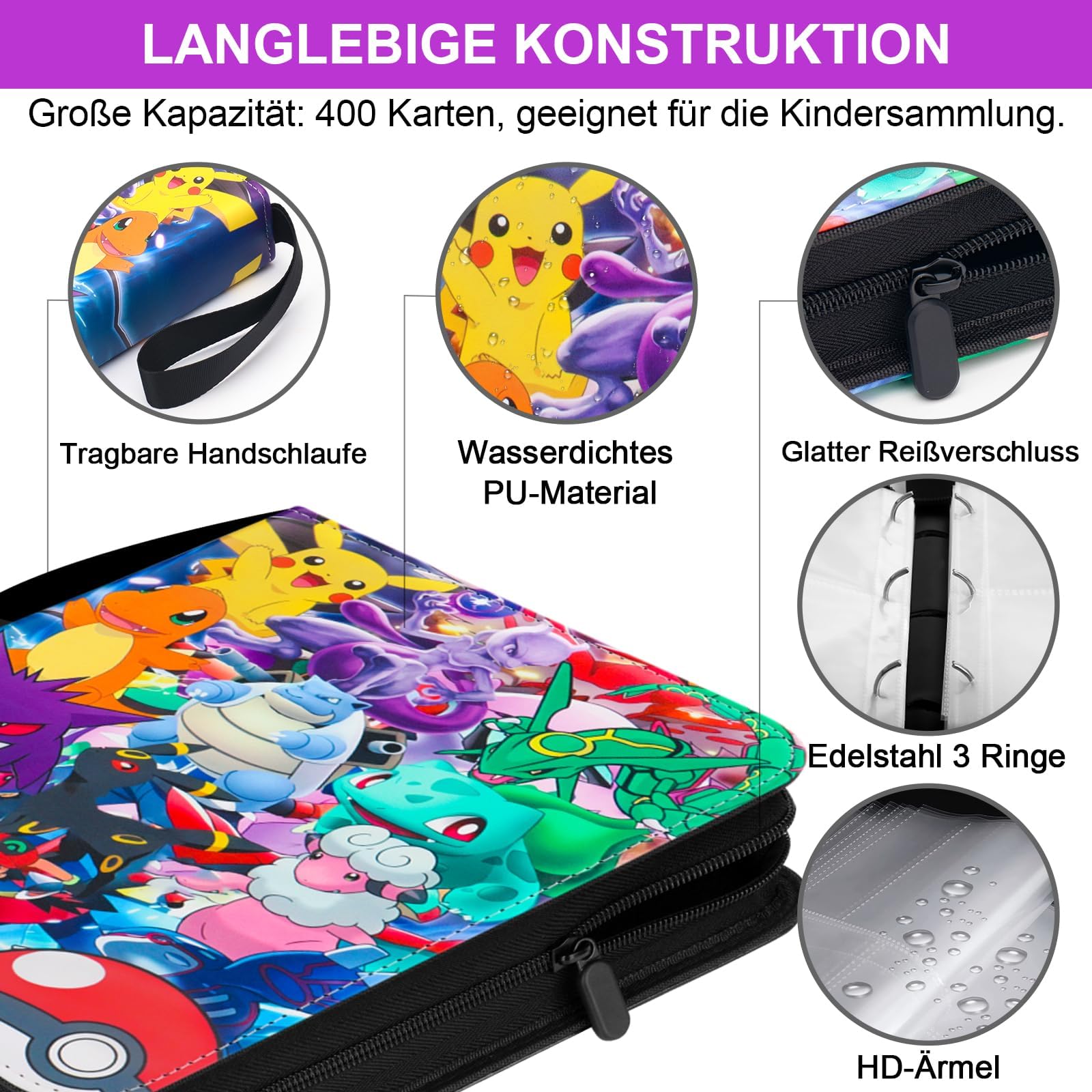 Sammelkarten Album für pokemon Karten,900 Karten Kapazität Karten Sammelalbum,PU Tragbar Wasserdicht Karten Sammelhalter Heft Ordner Buch,50 Pcs Seite - 3