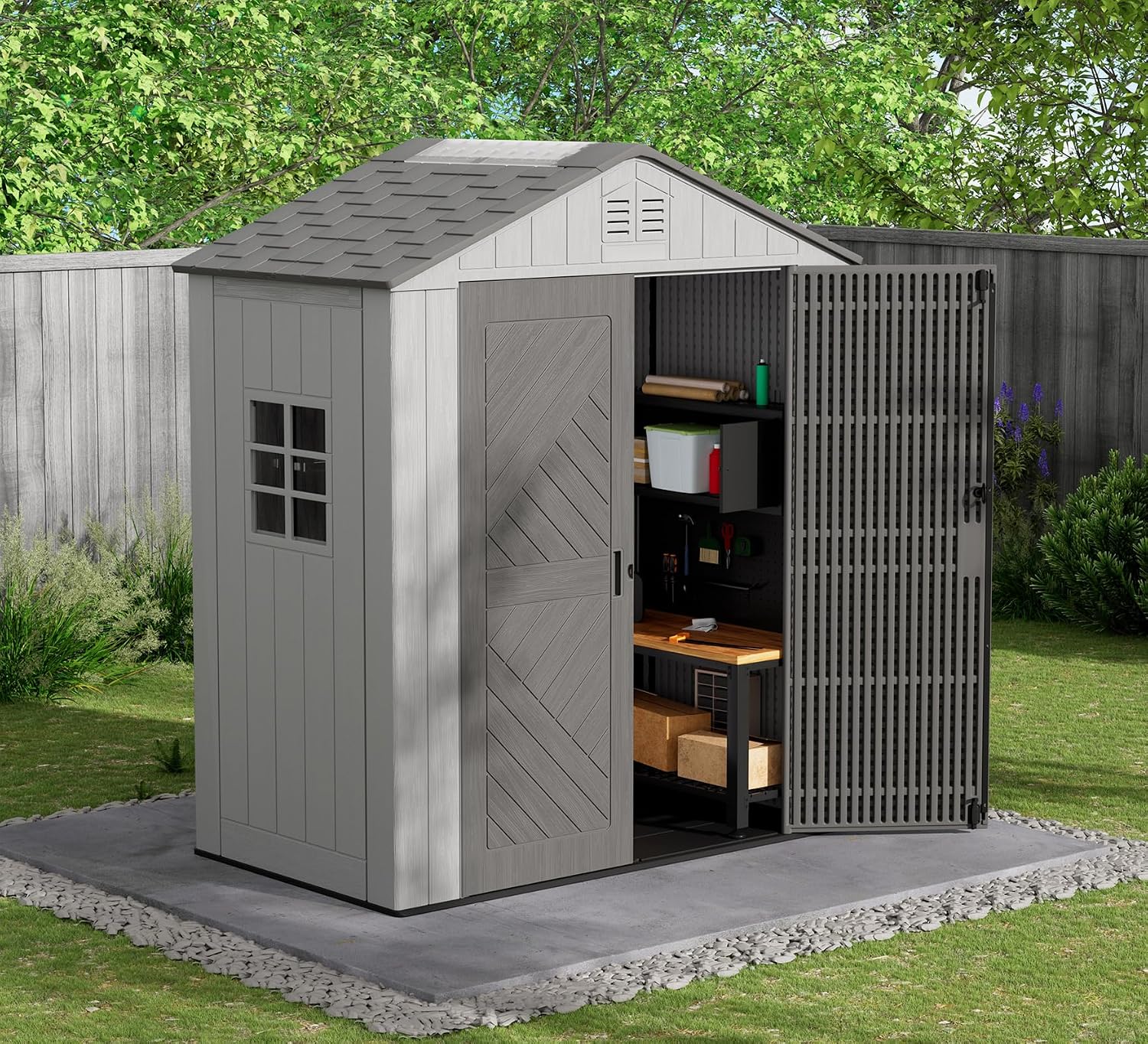 HOMSPARK Outdoor Storage Shed 6x4 Ft, All-Weather Resistant Resin Garden Sheds & Outdoor Storage Clearance with Floor & Windows, Double-Layer Plastic Tool Sheds for Patio, Garden & Lawn (Grey)