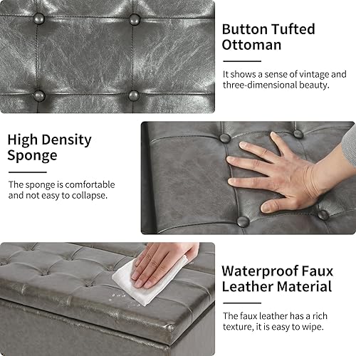 Miniatura 64 de Banco otomano de almacenamiento con brazos, banco de lino para dormitorio, banco de almacenamiento con botones para entrada, sala de estar, pasillo,