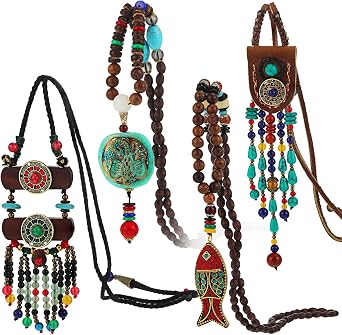 Bonuci 4 Pcs Long Boho Necklaces for Women Vintage Wooden Beaded Necklace Bohemian Handmade Turquoise Jewelry GiftVibrant Style