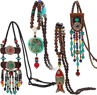 4 Pcs Long Boho Necklaces for Women Vintage Wooden Beaded Necklace Bohem...