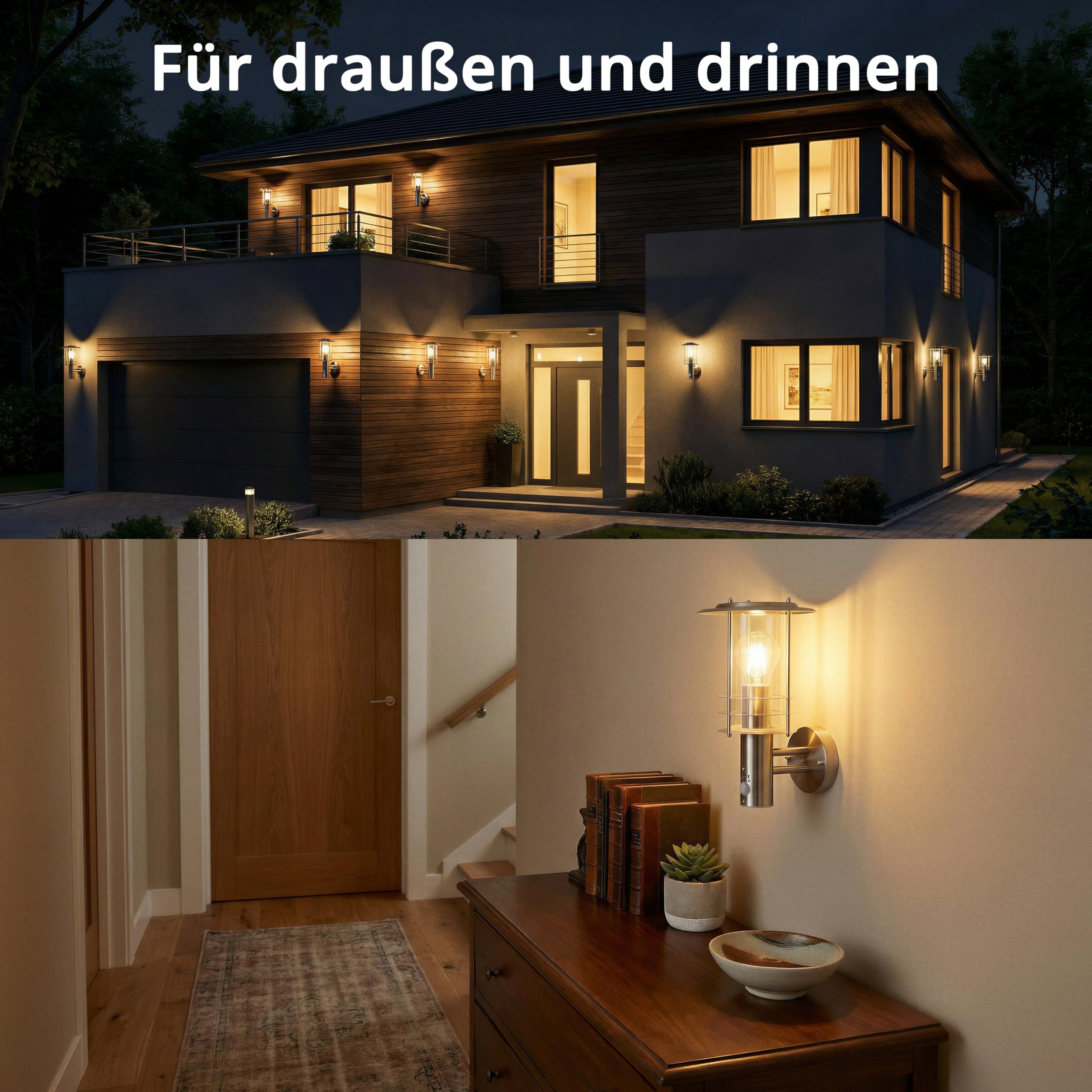 Grafner Design Edelstahl Wandlampe mit Bewegungsmelder, 1x E27 Fassung, IP44, 360° rundum Lichtschein, für außen und innen, Wandleuchte Lampe Außen Hoflampe PIR