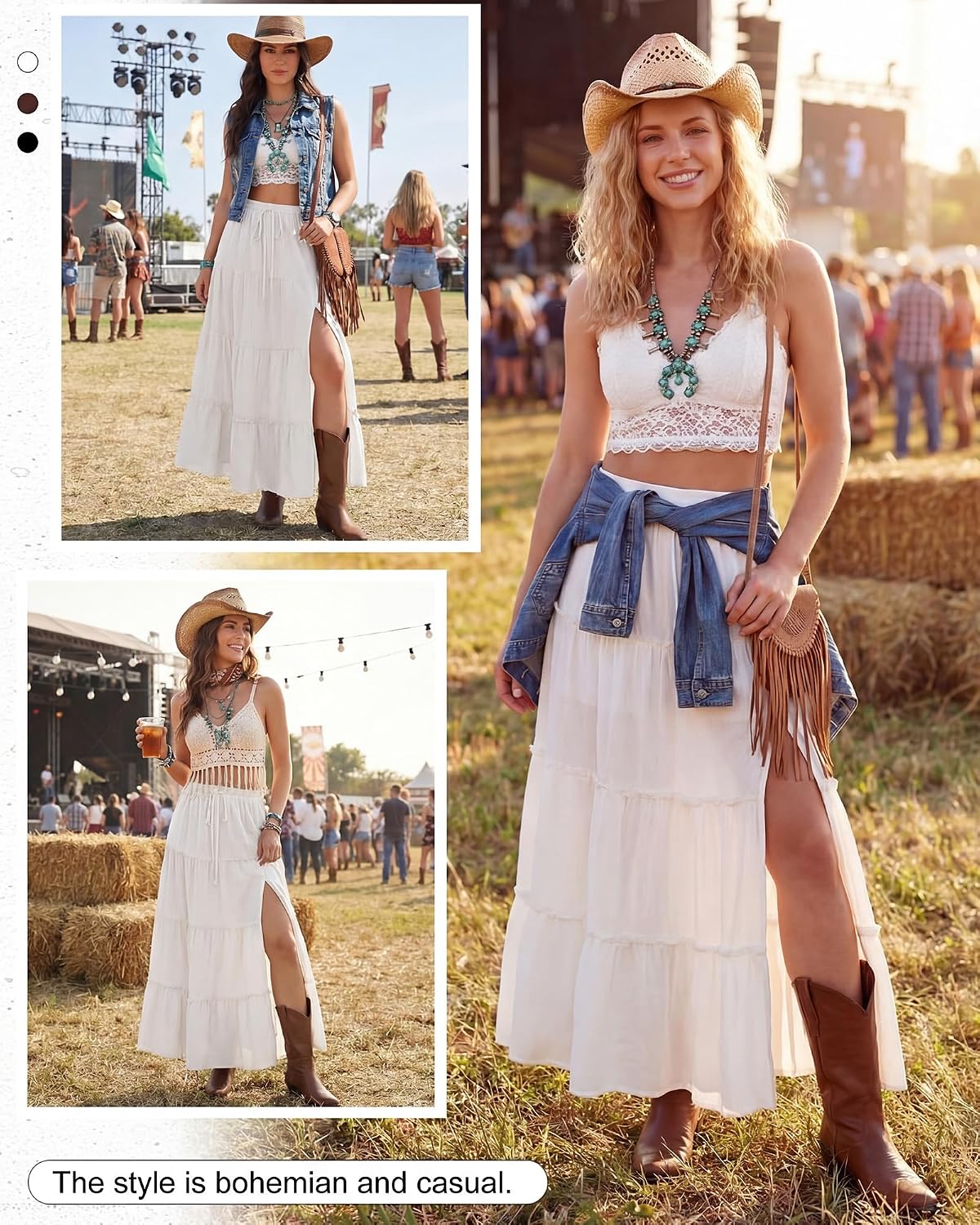 Cutecrop Womens Tiered Maxi Skirt Elastic Waist Flowy Casual Boho Western Skirts Ruffle High Slit Country Cowgirl Long Skirts