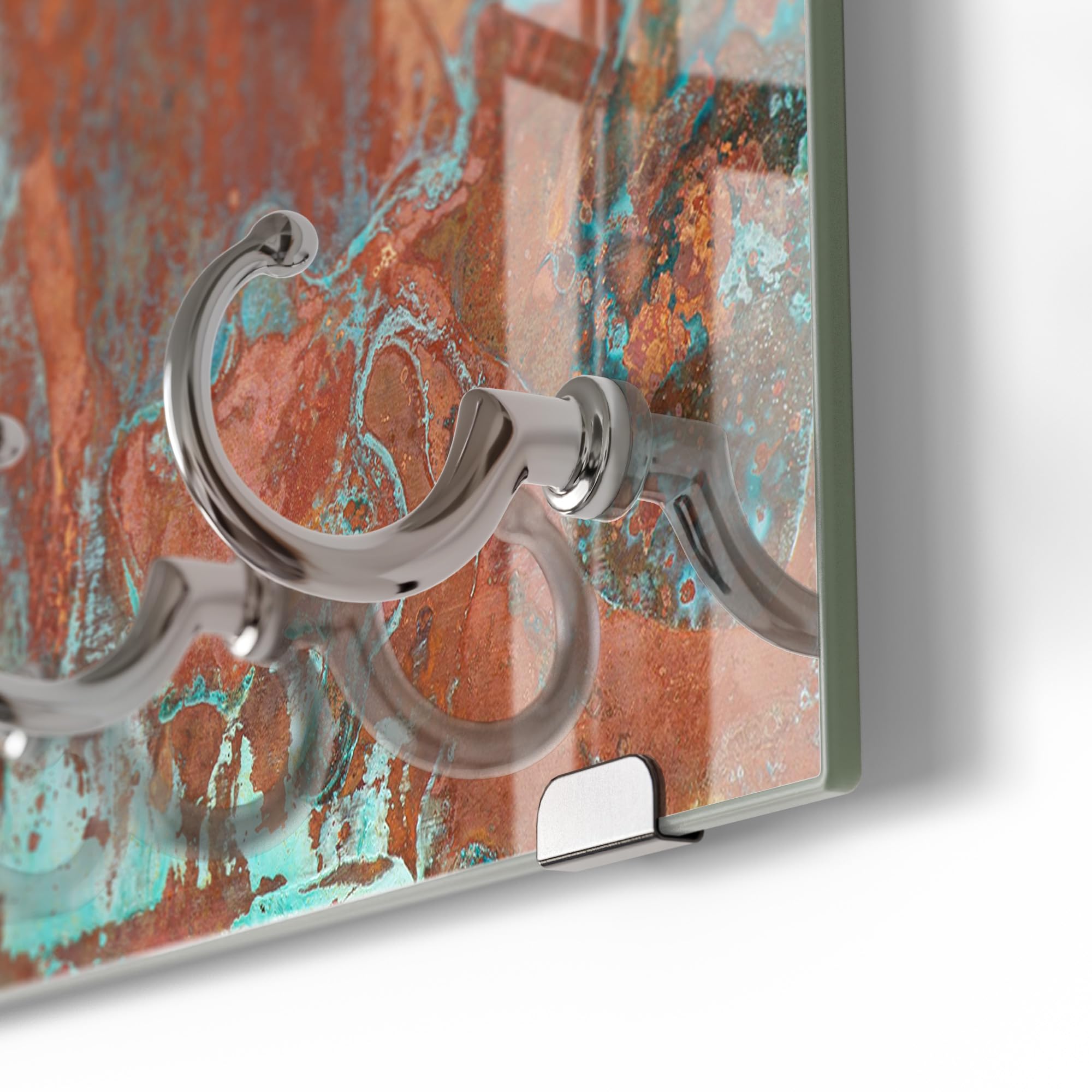 DEQORI Schlüsselbrett aus Glas | Motiv Rostige Kupferplatte | ca. 30x20 cm | mit 5 Haken, magnetisch – moderne Schlüsselaufbewahrung & Schlüsselhalter für Flur, Büro, Schlüssel & Anhänger