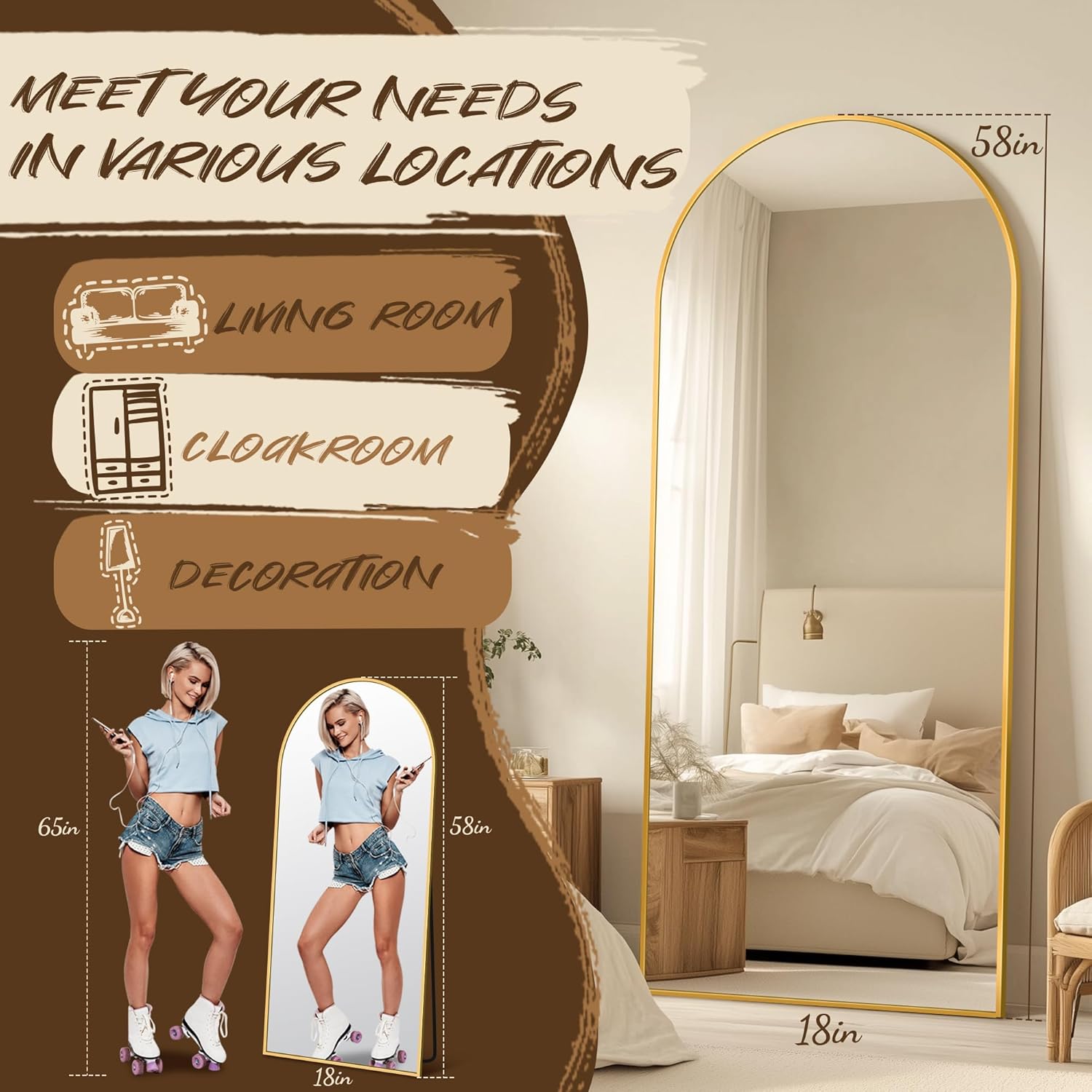 Antok Arched Full Length Mirror, 56"x15" Gold Metal Frame Floor Mirror for Bedroom Living Room, Freestanding/Wall Mount/Leaning