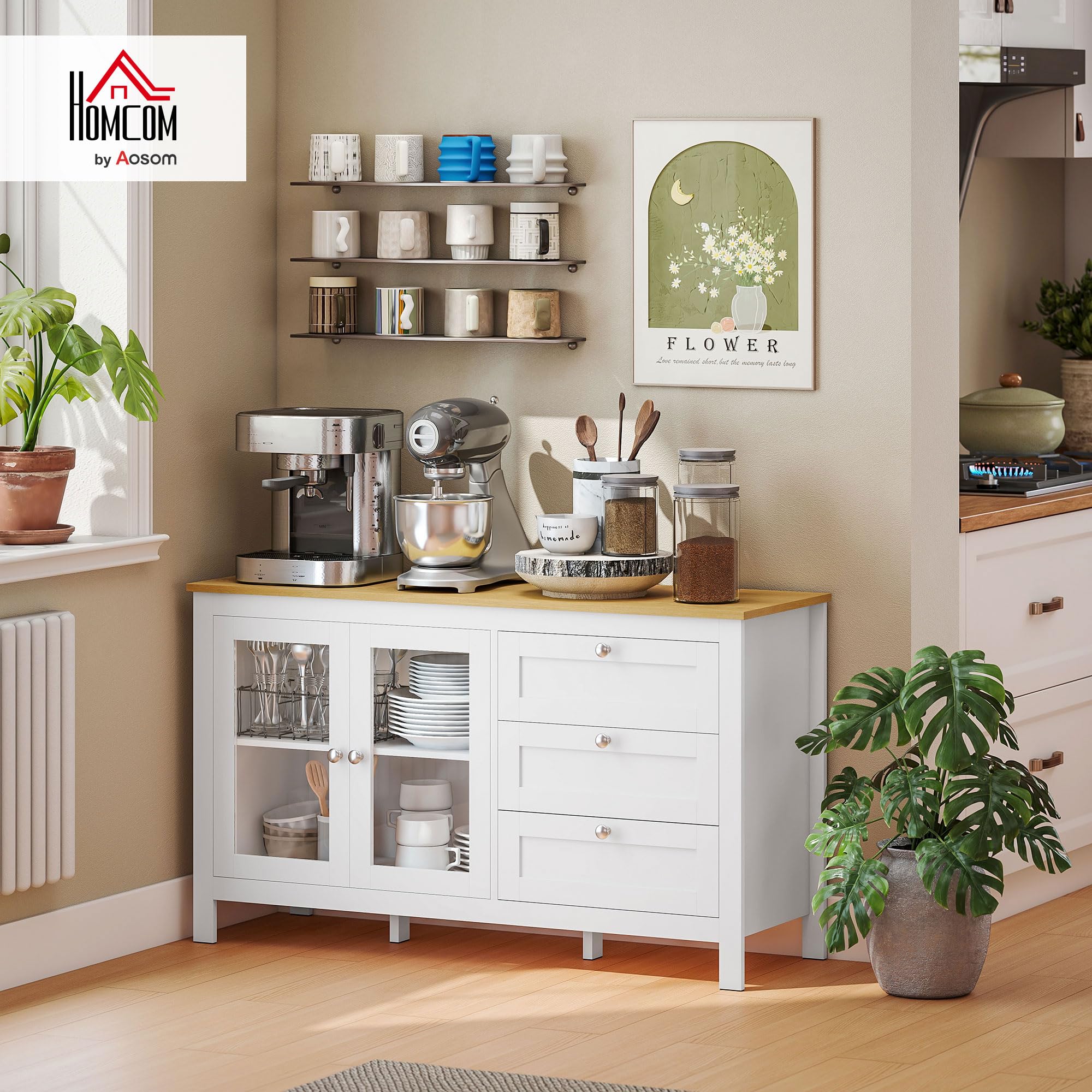 HOMCOM Aparador para Salón Armario Auxiliar con 2 Puertas de Vidrio 3 Cajones y Estante Ajustable para Cocina Comedor Pasillo 120x40x70 cm Blanco