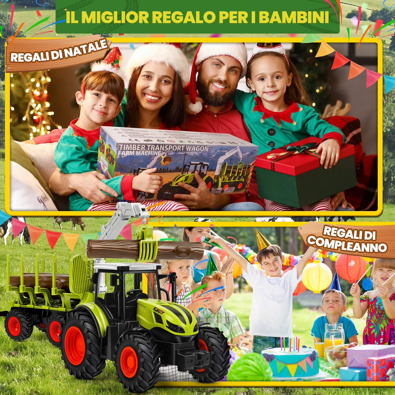 BuzzoXerex RC Trattore Telecomandato per Bambini, 2,4 Hz Trattore Radiocomandato con Rimorchio Giocattolo e Luce, Trattore Giocattolo per Bambini 3 4 5 anni