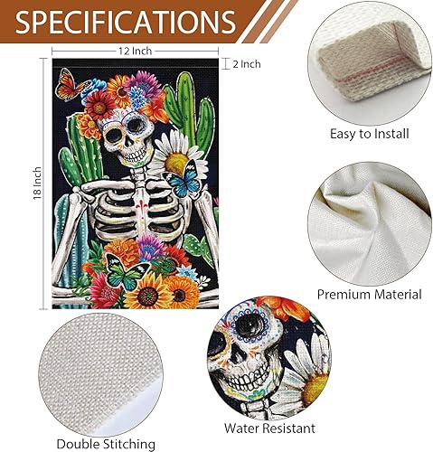 Miniatura 4 de Heyfibro Bandera de jardín del Día de los Muertos de 12 x 18 pulgadas, de arpillera de doble cara, calavera de esqueleto, flor, banderas de jardín