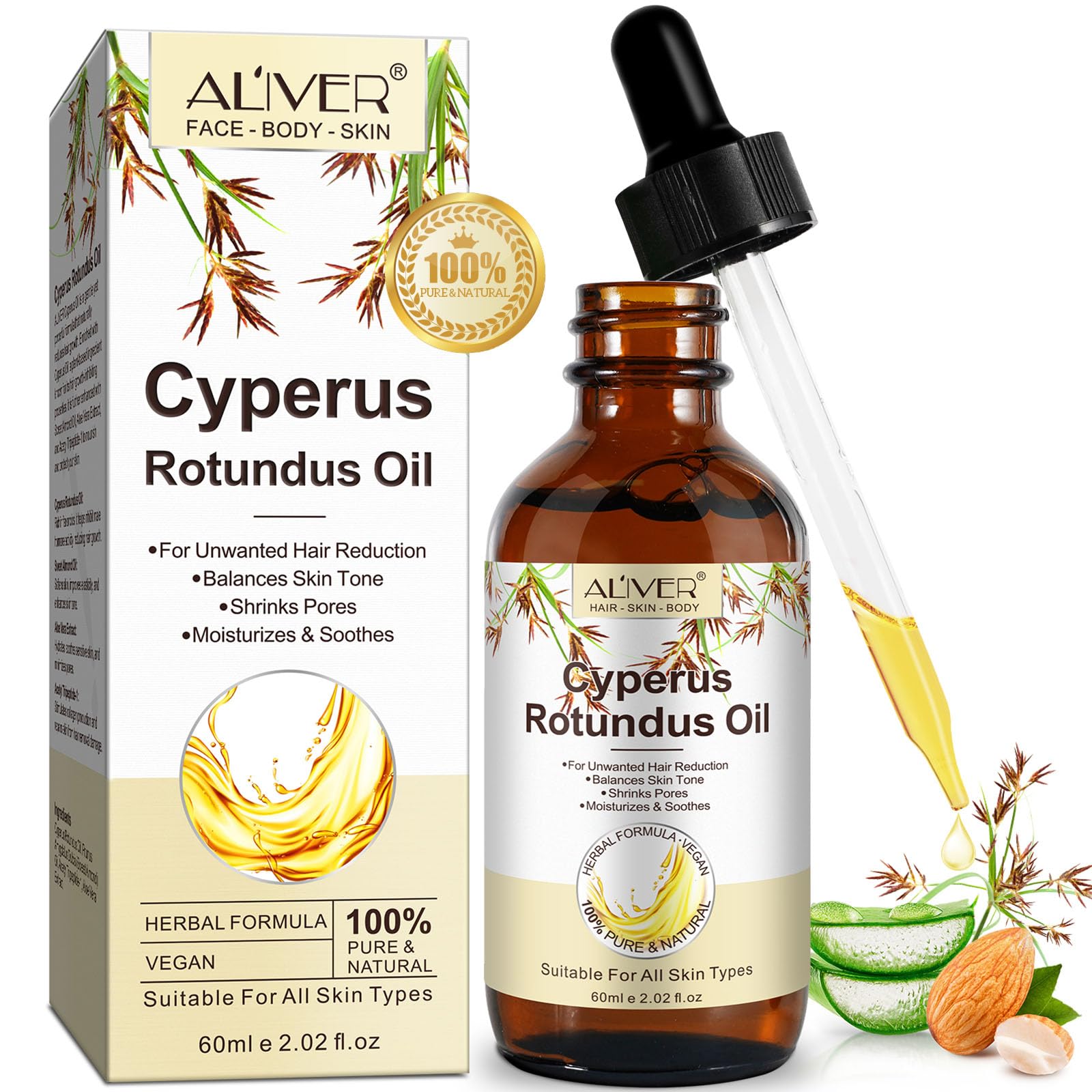 Cyperus Rotundus Oil for Hair Removal, 100% Pure Natural Body and Facial Hair Removal for Women, Reduces Unwanted Hair Growth After Shave, Shrink