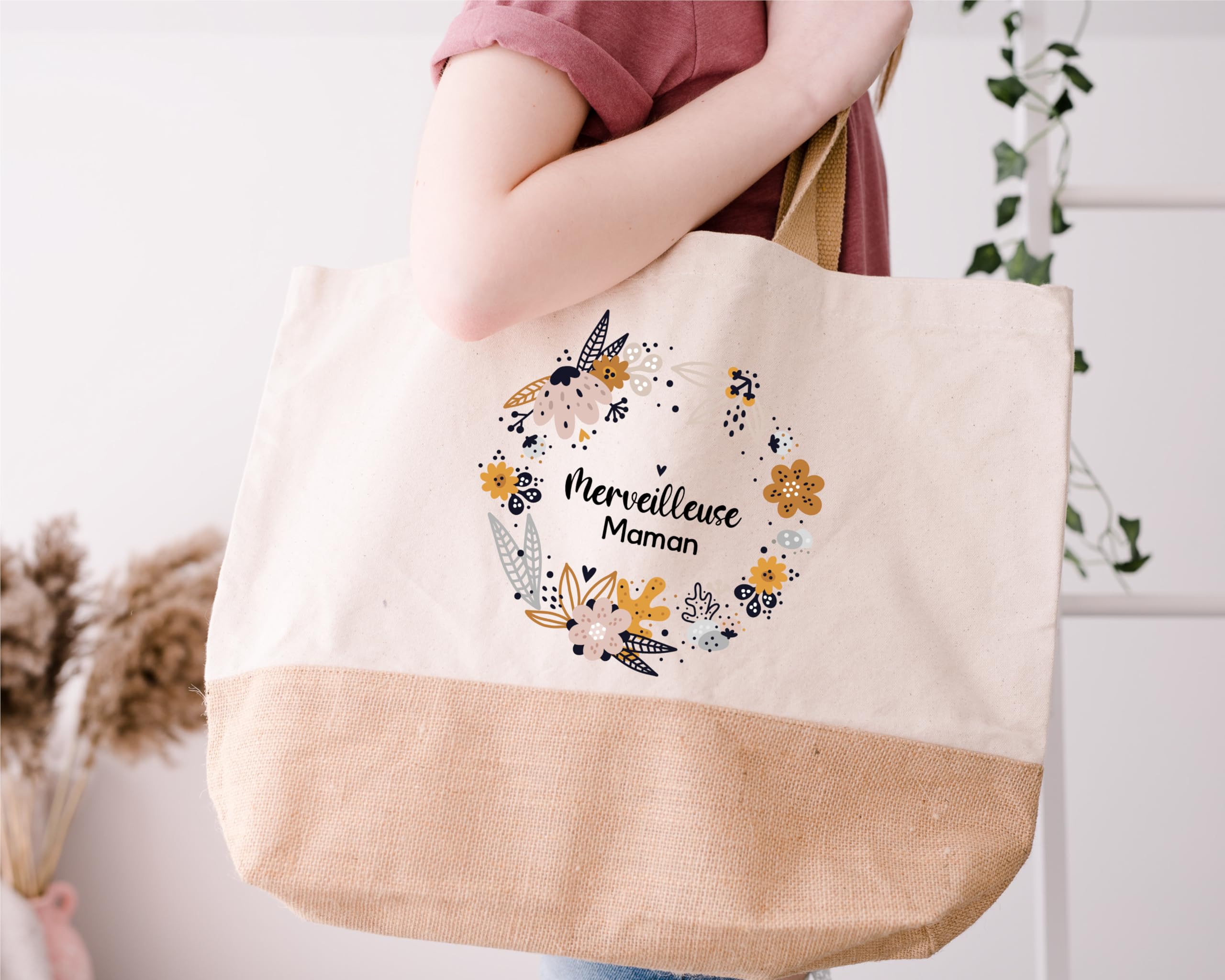 Sac Shopping "Merveilleuse Maman" avec Couronne de Fleurs – Sac en Toile de Coton et Jute Laminé, Dimensions 38x44x18 cm, Capacité 29L, Cadeau Idéal pour Maman