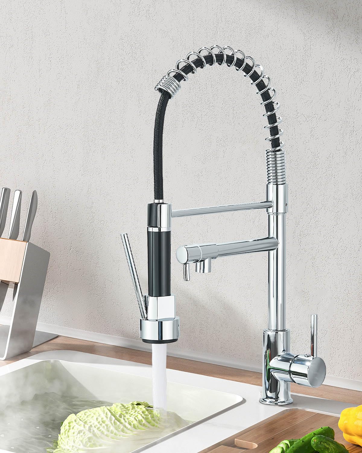 Robinet de cuisine, avec 2 buses, robinet à ressort amortisseur de cuisine, rotation à 360°, standard froid et chaud, laiton chromé.