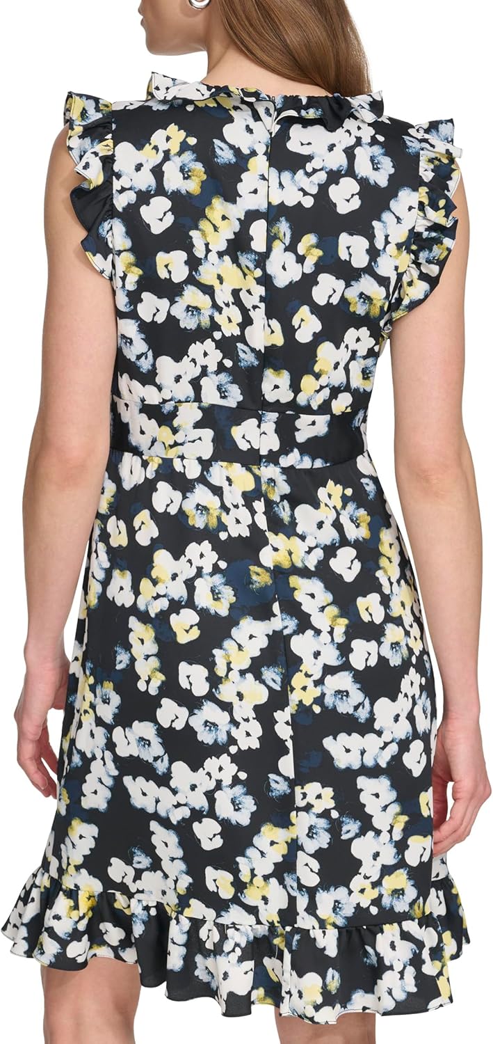 DKNY Women's Flutter Short Sleeve V-Neck Ruffles Mini Asymmetrical Hem Dress - Image 4
