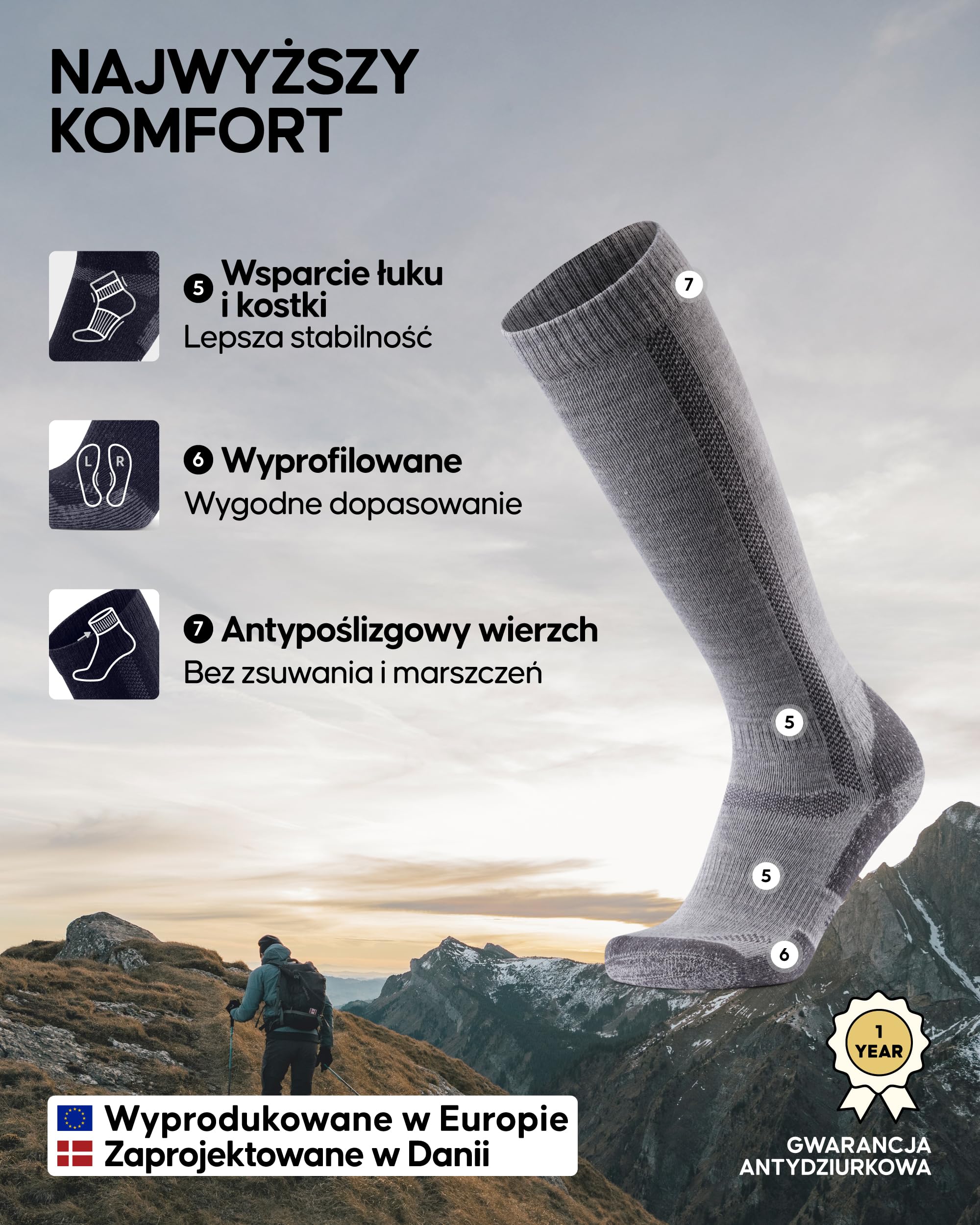 DANISH ENDURANCE Wysokie Skarpety Trekkingowe z Wełny Merino, Do Kolana, Amortyzowane, Męskie i Damskie, 1-Pak lub 3-Pak