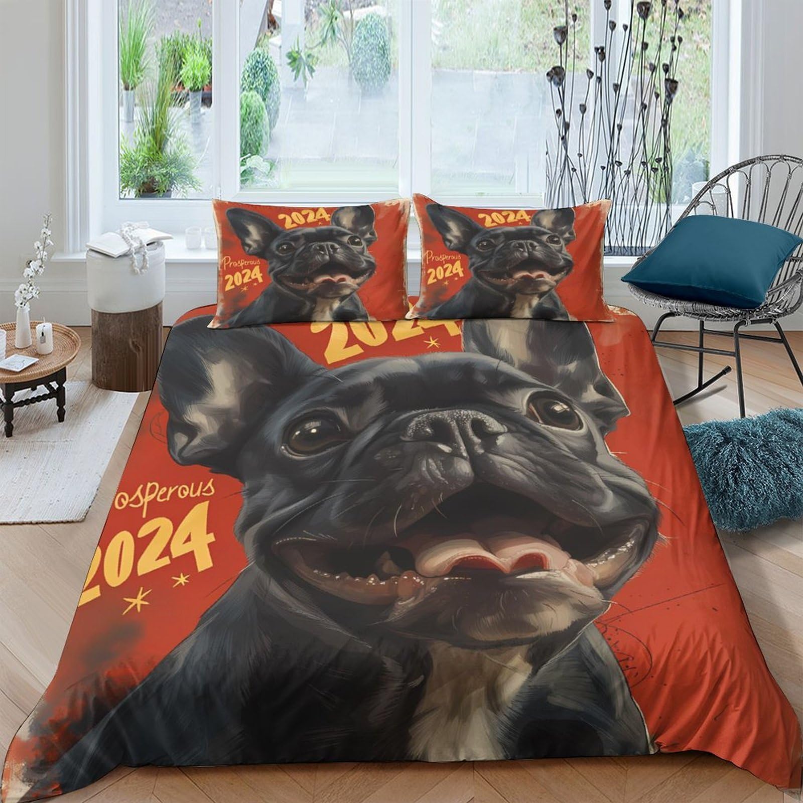 Ctjqhvkz Style-3 3D Printed French Bulldog Fitted Sheet Microfiber Non Slip Dog Art Bed Cover For Bedroom Guestroom Decor Orange Single（135X200cm）
