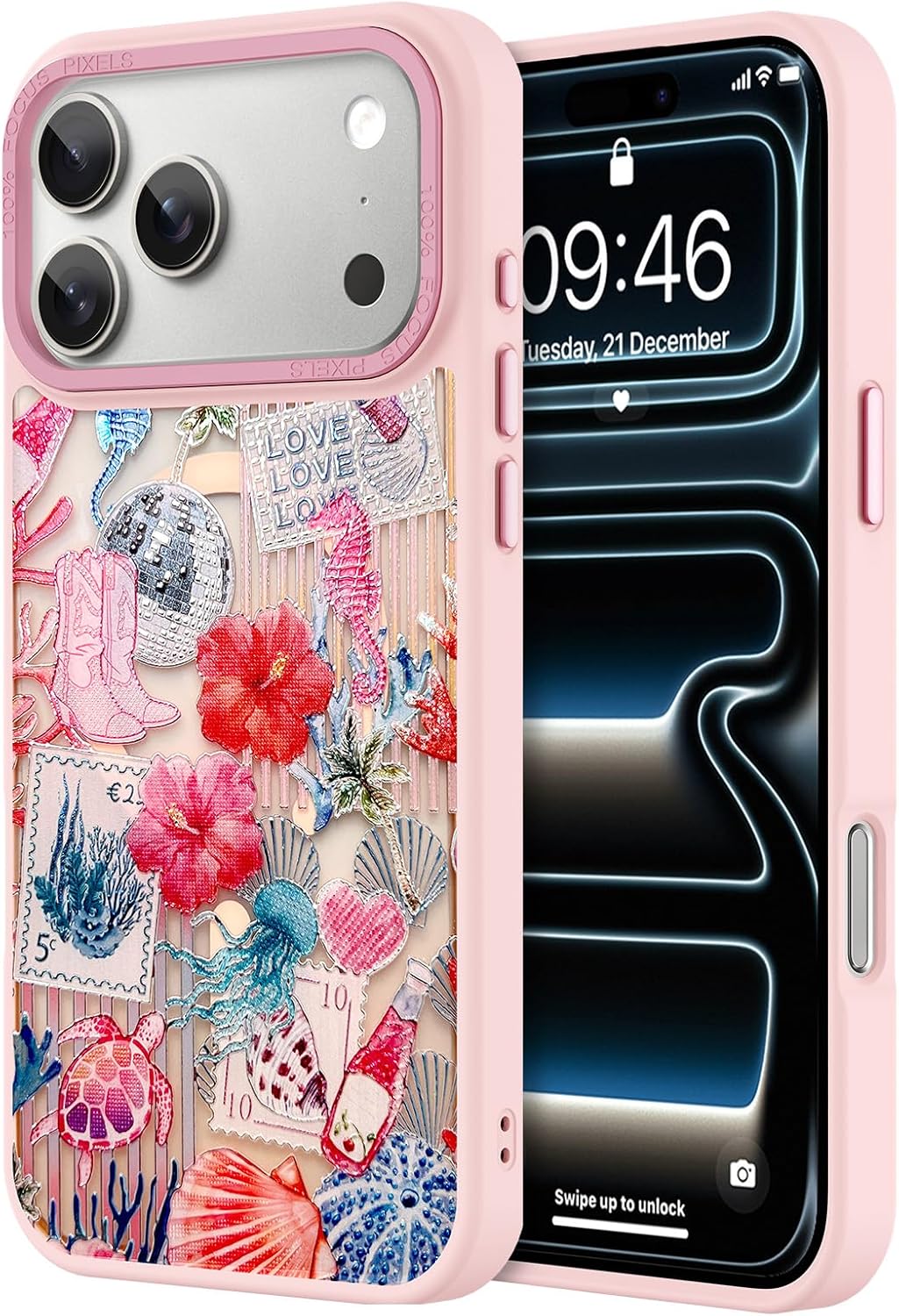 OOK Case for iPhone 17 Pro Max, Compatible with MagSafe, Luxury Gilded 3D Textured Pink Coastal Beach Ocean Sea Shell Floral Collage Frosted Shockproof for Women Girls Magnetic Phone Cover