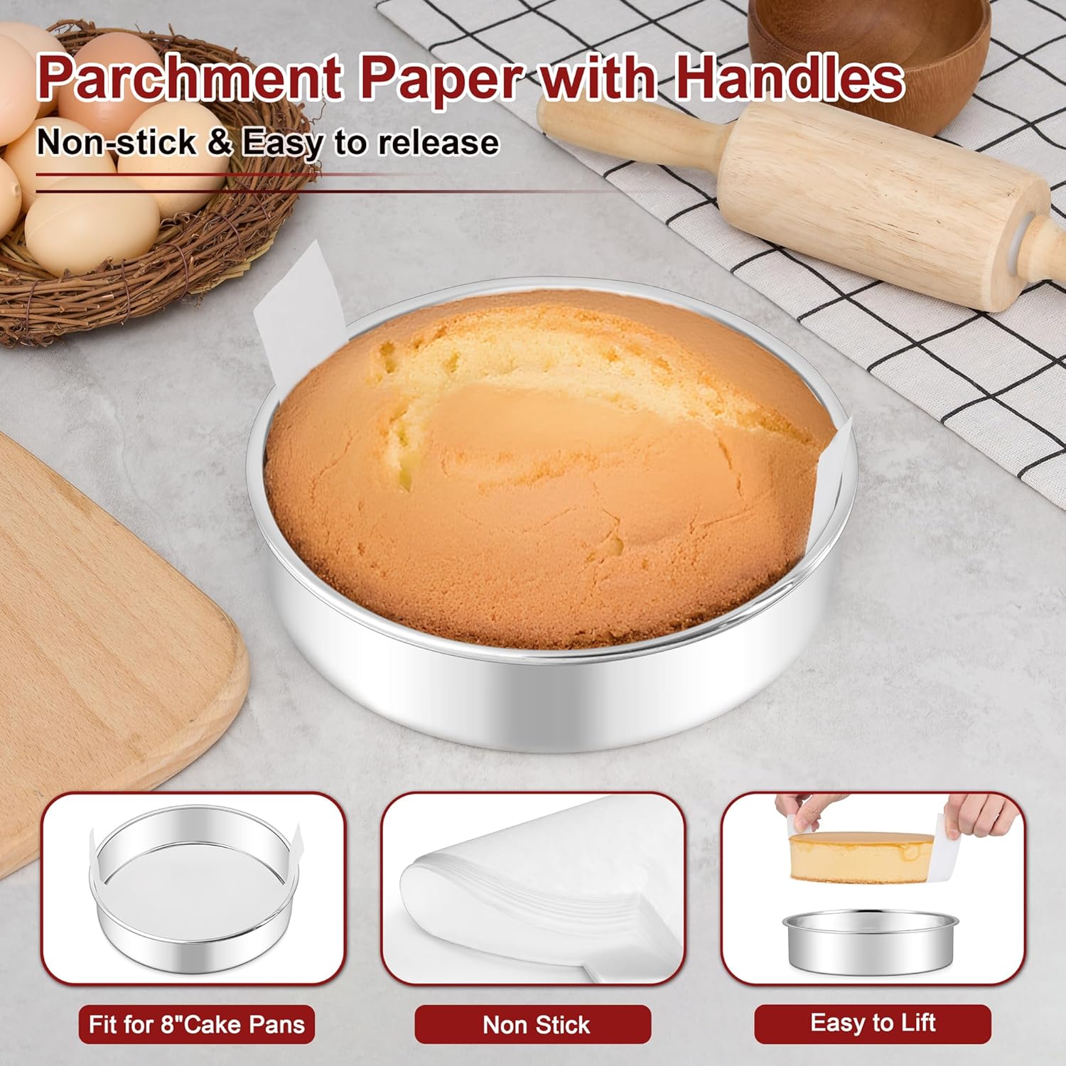 LIANYU 8 Inch Round Cake Pan Set of 2, Stainless Steel Baking Pans with 60 PCS Parchment Paper, Metal Circle Layer Cake Tins for Birthday Christmas Party, Oven & Dishwasher Safe - Image 3