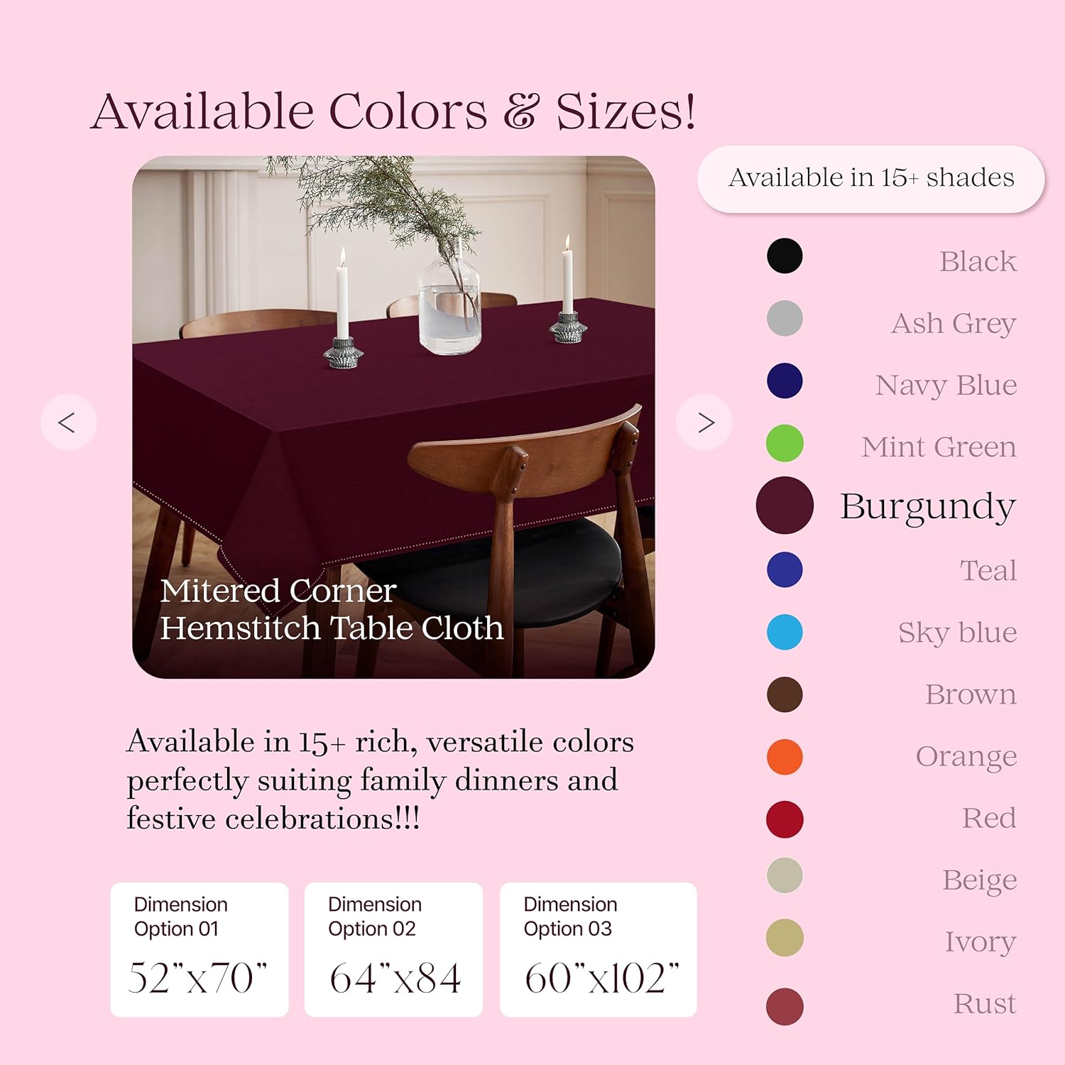 Burgundy Wine Tablecloth, 100% Cotton, 60x84 Inch, Fits 6-8 Seats, Soft, Washable, Wrinkle Resistant, Rectangle Dining Table Cover for Anniversaries, Decor, Holiday, Dinner, Events