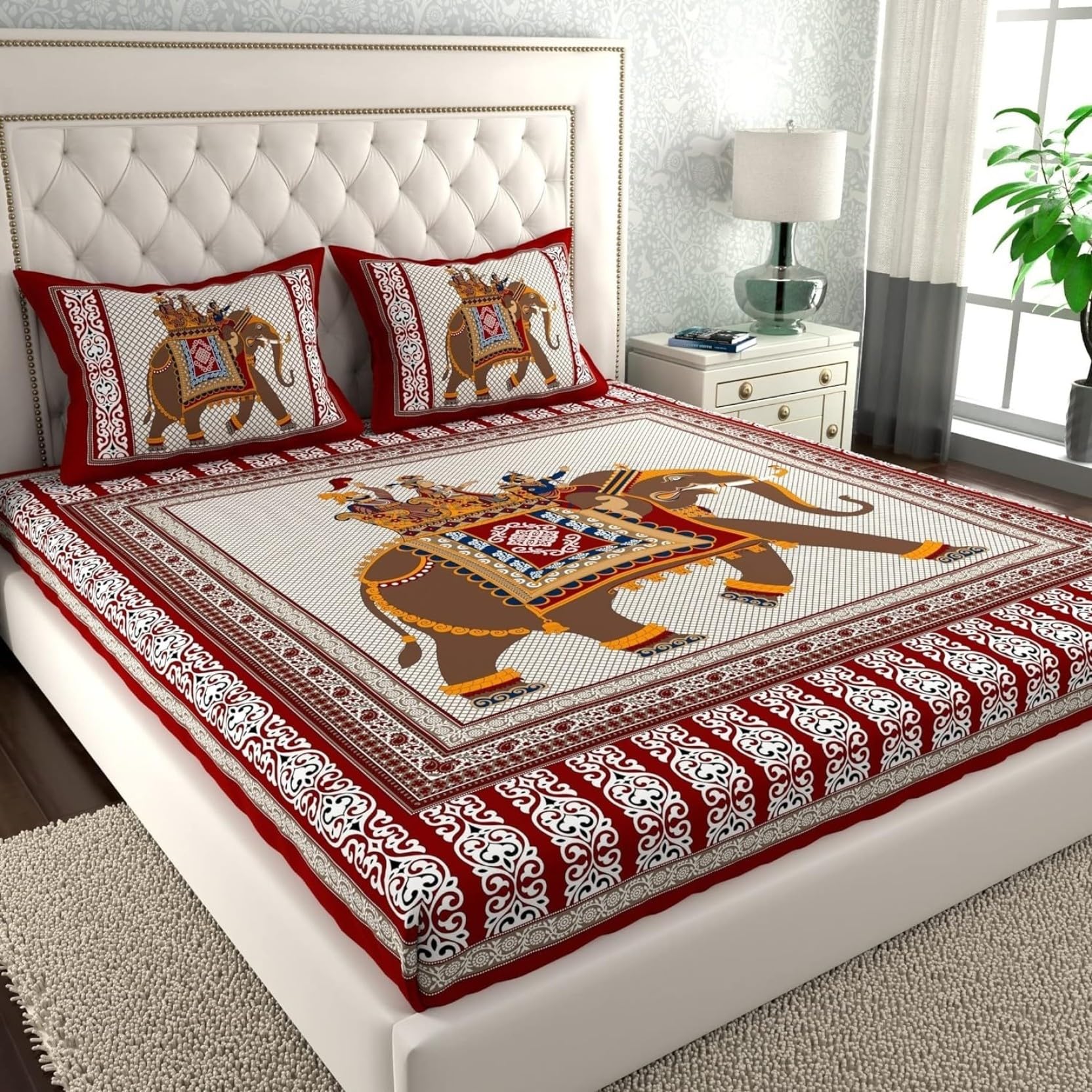 KOUNDAL Rajasthani Jaipuri Sanganeri Print 144 TC 100% Pure Cotton BedSheet Set for Double Bed King Size,Geometric Pattern, Double Bedsheet Cotton with 2 Pillow Covers (RED(1), King)-image-36