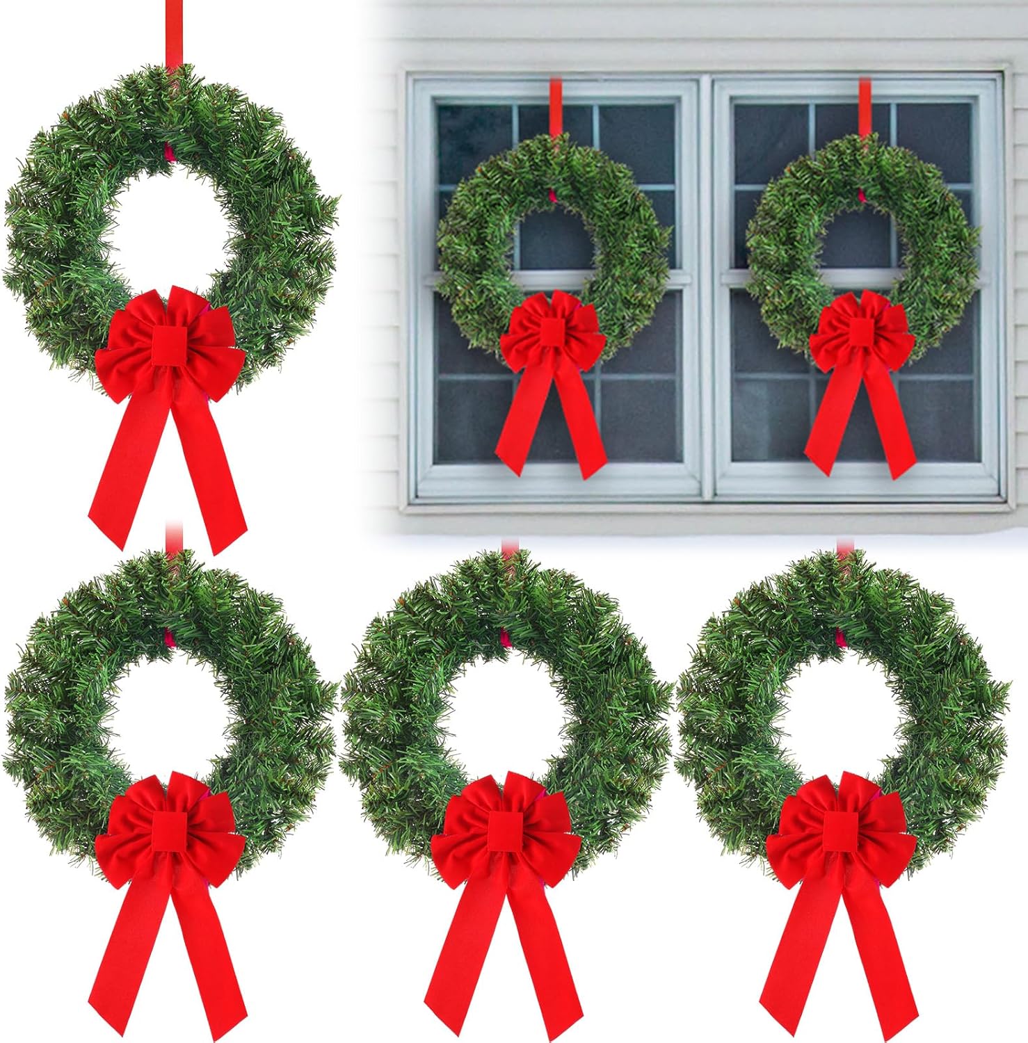 janinka 6 pcs christmas wreath for windows 11.8 inch christmas window decorations cabinet wreaths with red bow greenery artificial hanging garlands for fireplaces window home (pine) pine 6
