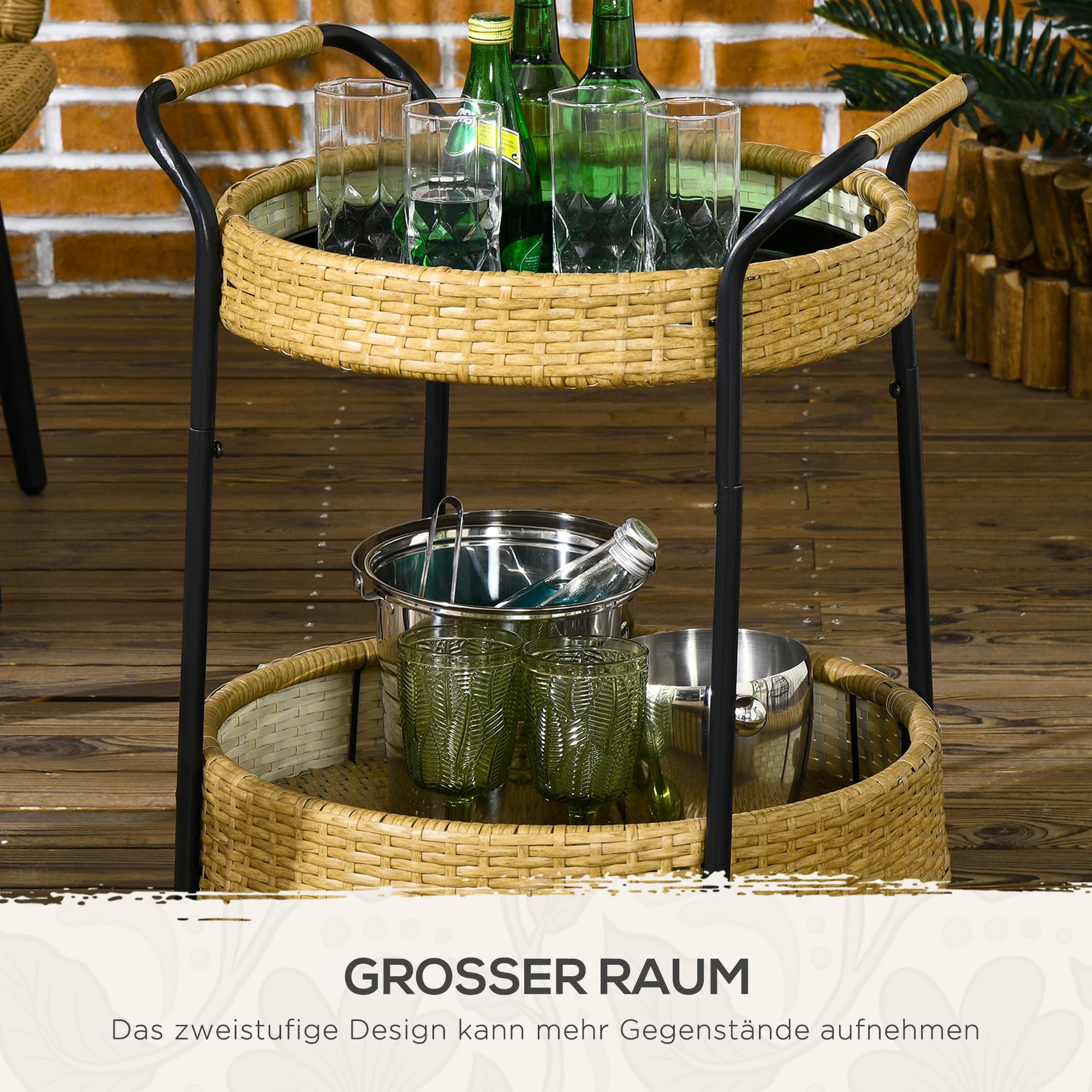 Outsunny Servierwagen Rattan Trolley mit 2 Regalen, Runde Küchenwagen, Gartenrollwagen mit Griffen, Outdoor Barwagen für Balkon, Stahlrahmen, Φ50 x 66 cm, Natur