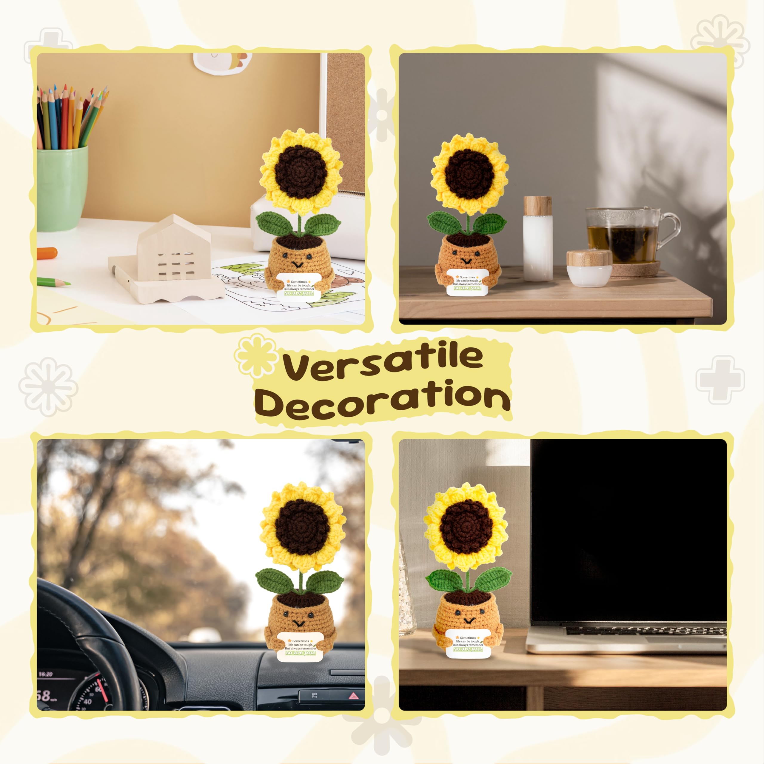 Emotional Support - Bambola di girasole all'uncinetto, fatta a mano, regalo di resilienza per donne, adolescenti, amici, vaso di fiori con affermazione positiva per incoraggiamento e forza